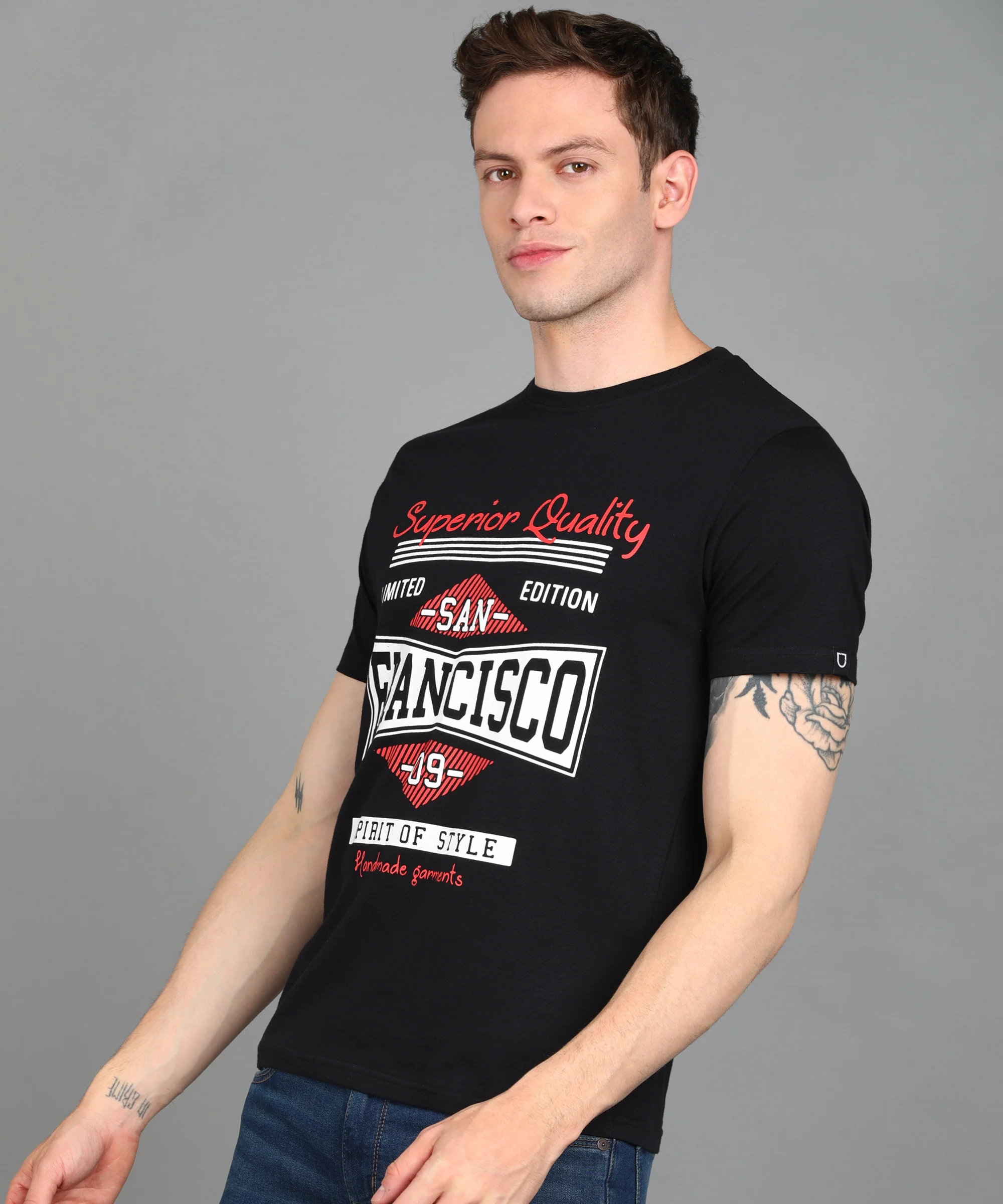 Men's Black Graphic Printed Round Neck Half Sleeve Slim Fit Cotton T-Shirt - Image 2