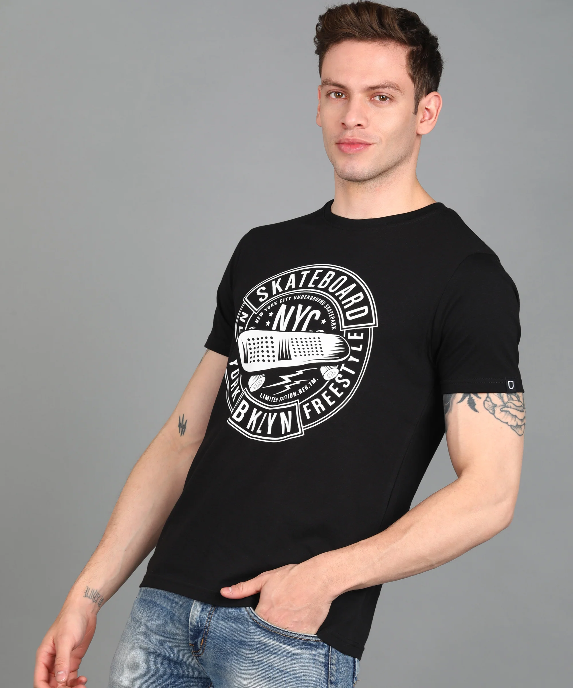 Urbano Fashion Men's Black Graphic Printed Round Neck Half Sleeve Slim Fit Cotton T-Shirt - Image 3