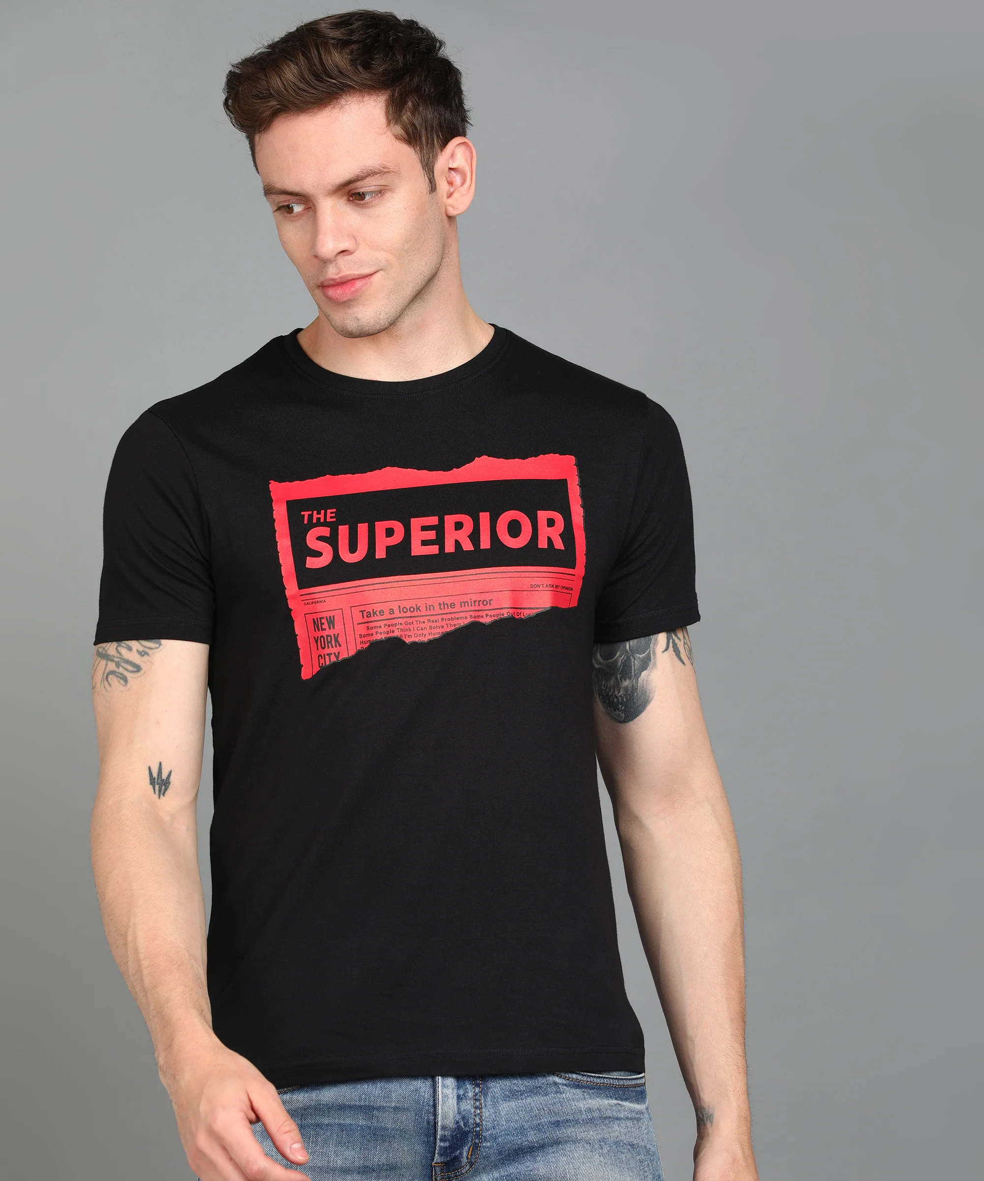 Urbano Fashion Men's Black Graphic Printed Round Neck Half Sleeve Slim Fit Cotton T-Shirt
