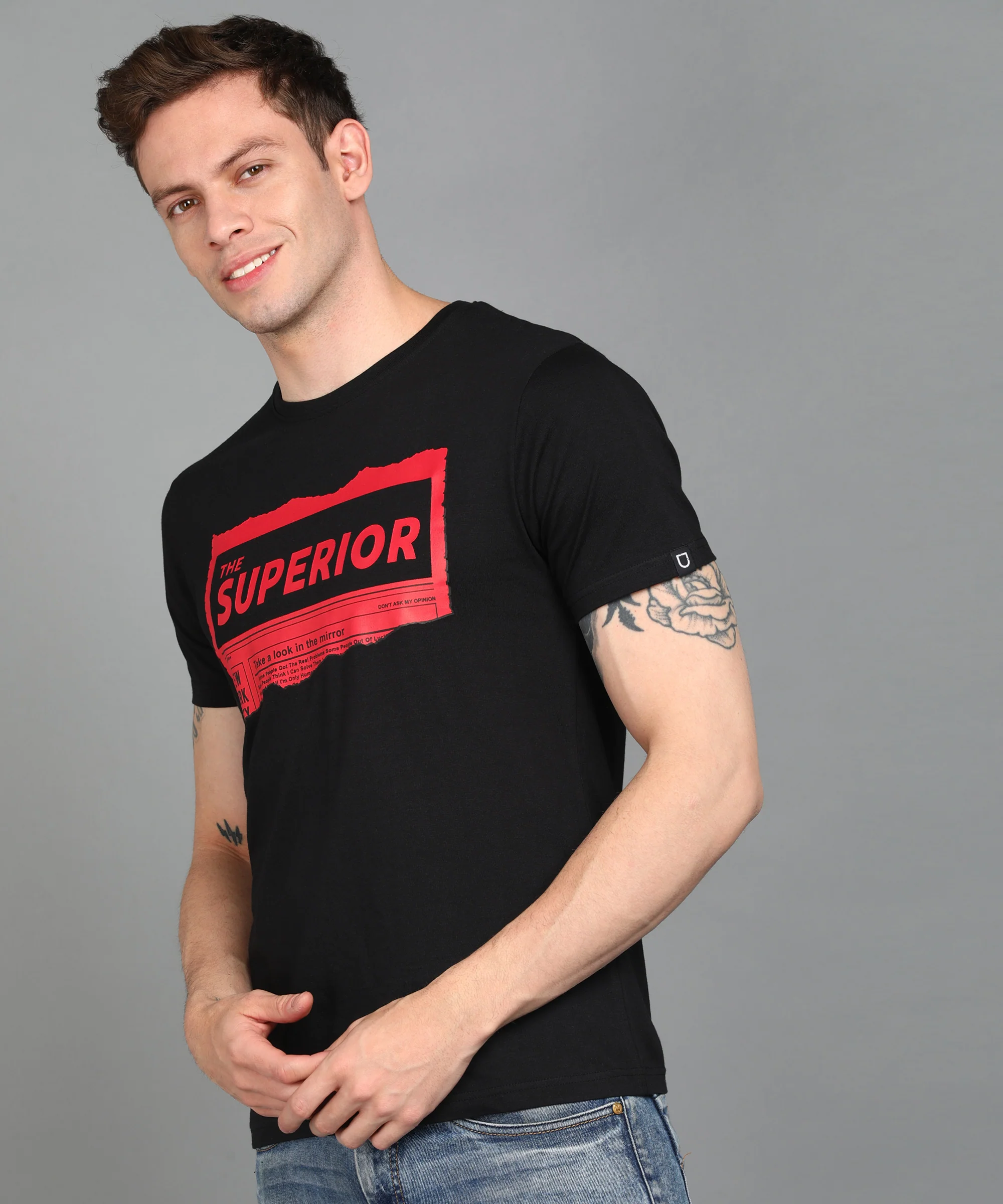 Urbano Fashion Men's Black Graphic Printed Round Neck Half Sleeve Slim Fit Cotton T-Shirt - Image 2