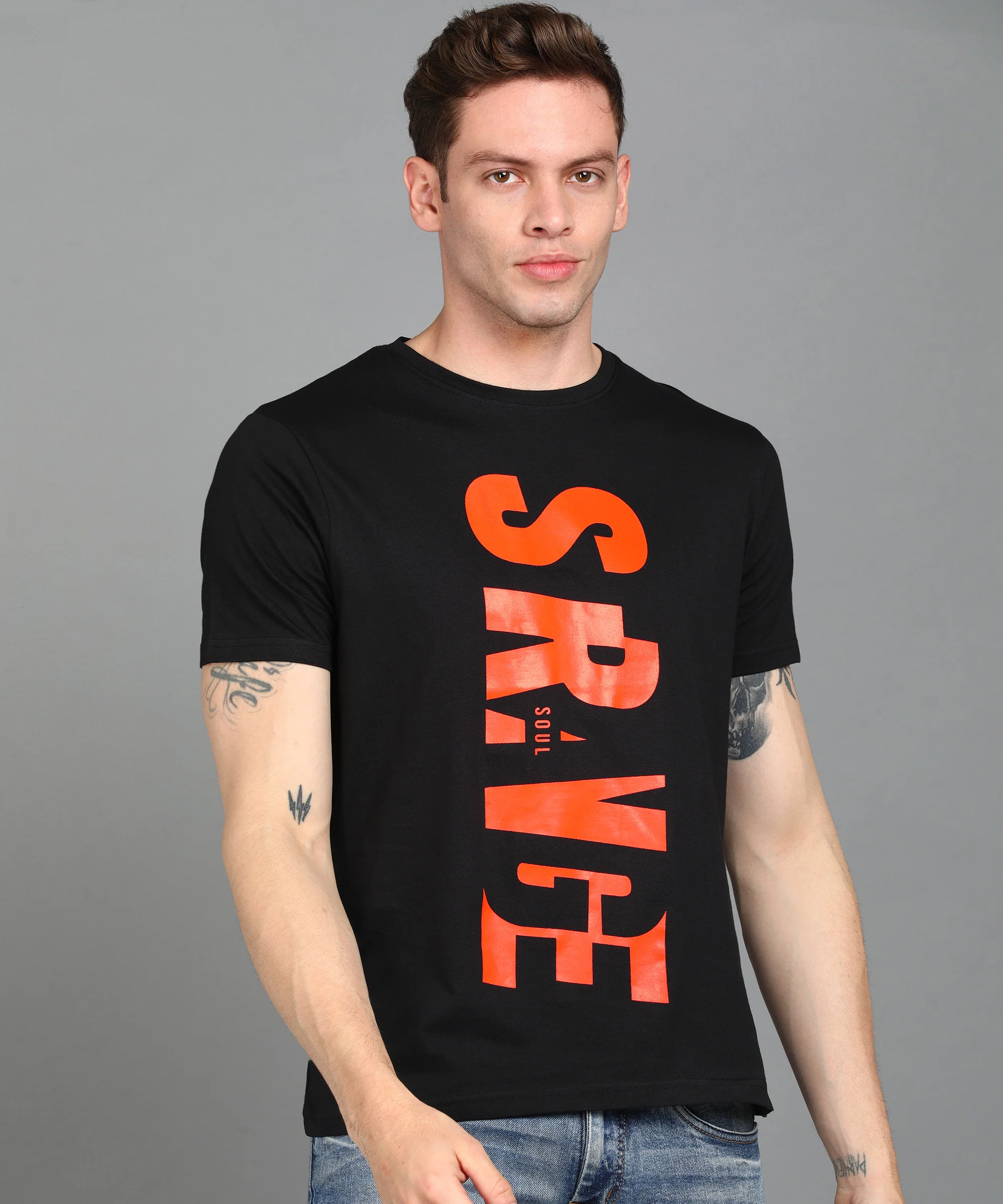 Urbano Fashion Men's Black Graphic Printed Round Neck Half Sleeve Slim Fit Cotton T-Shirt