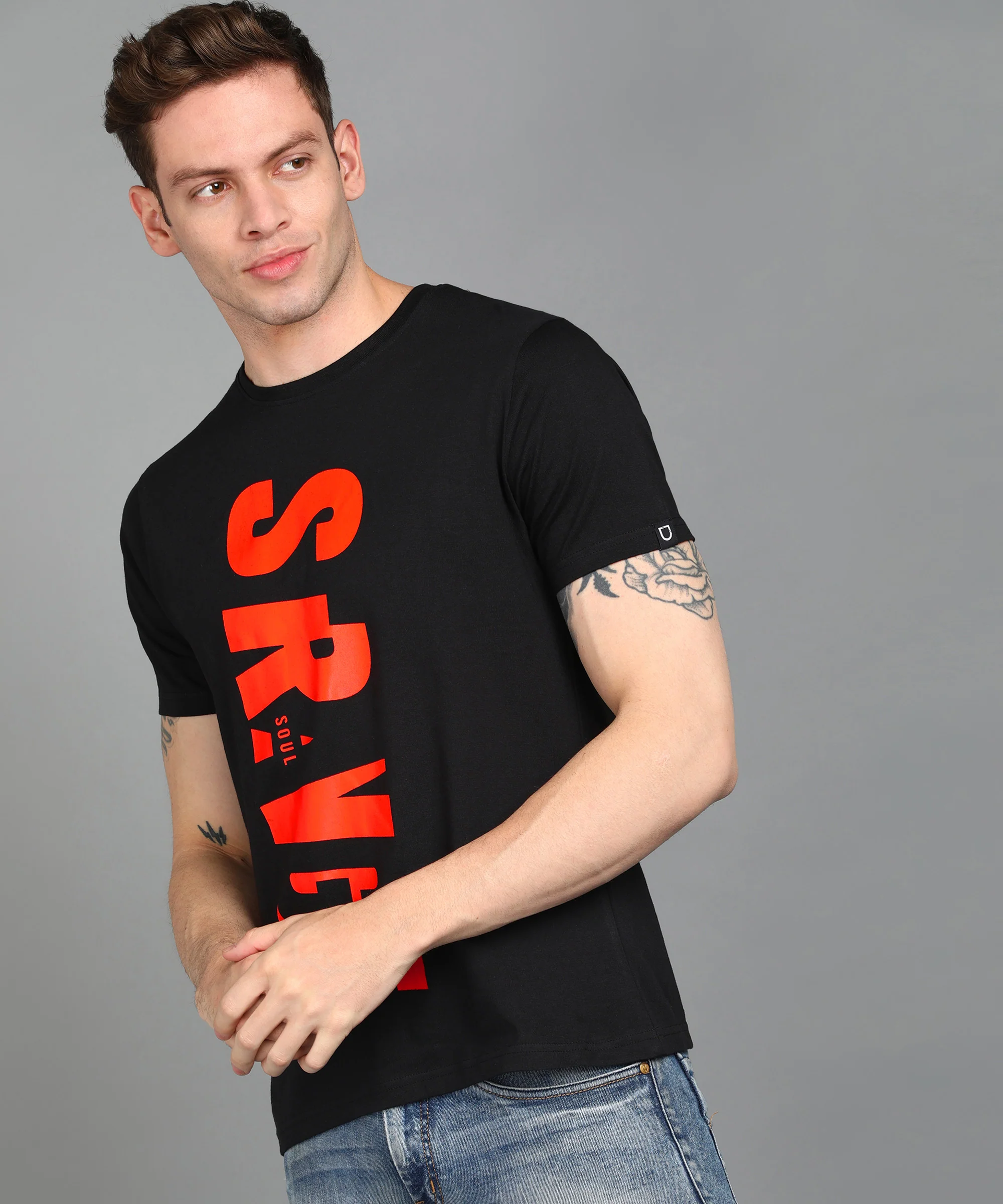 Urbano Fashion Men's Black Graphic Printed Round Neck Half Sleeve Slim Fit Cotton T-Shirt - Image 2