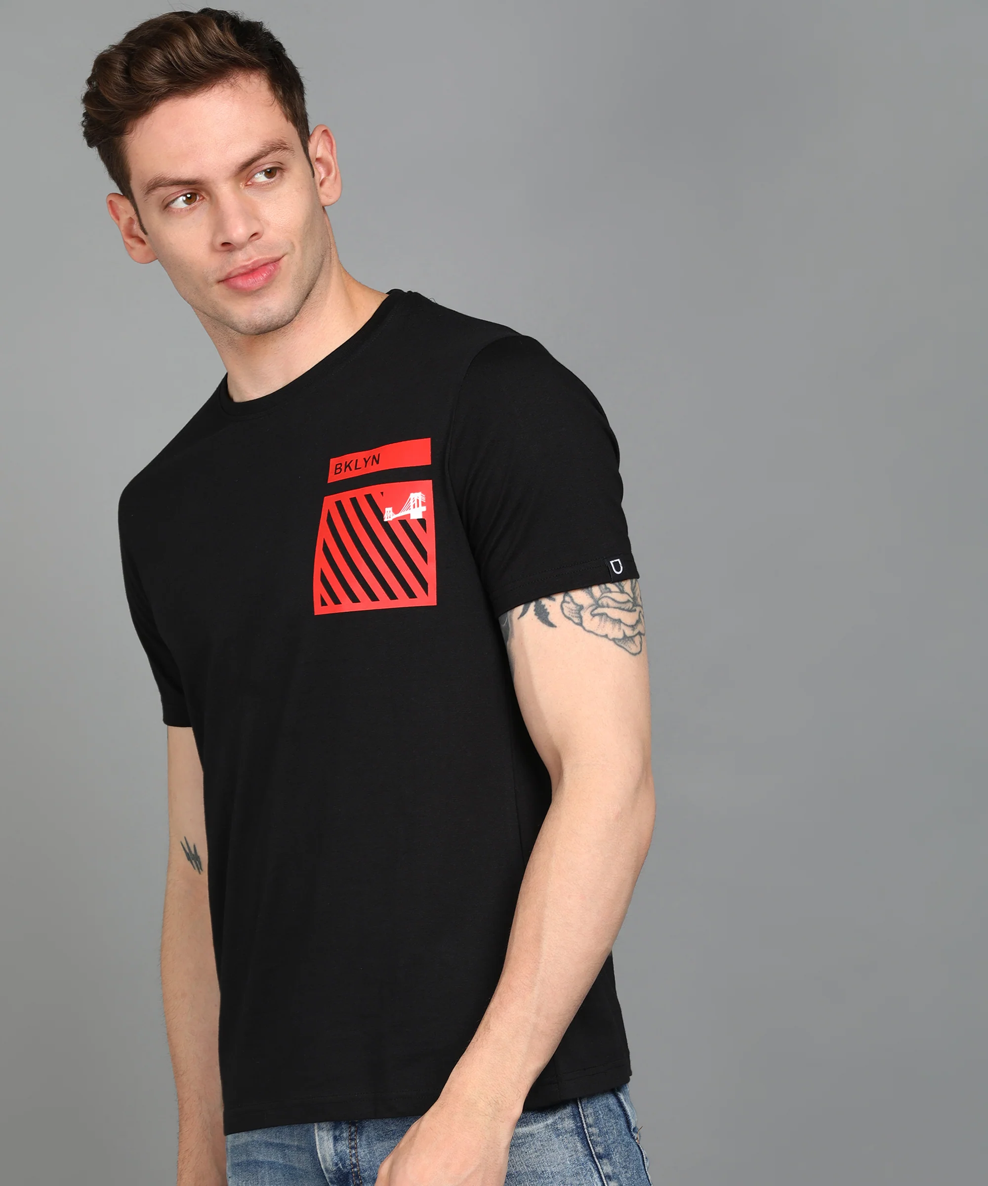 Urbano Fashion Men's Black Graphic Printed Round Neck Half Sleeve Slim Fit Cotton T-Shirt - Image 2