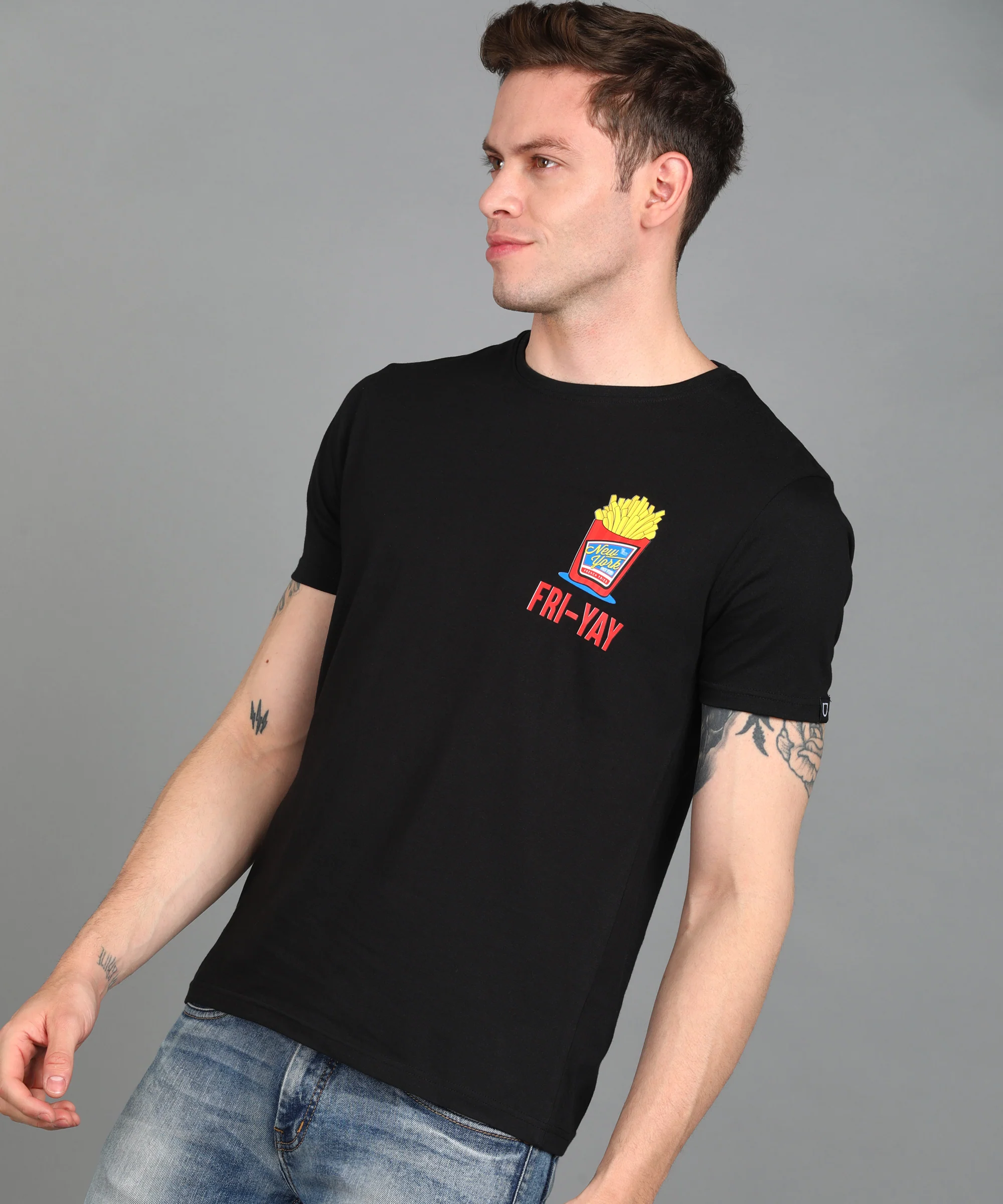 Urbano Fashion Men's Black Graphic Printed Round Neck Half Sleeve Slim Fit Cotton T-Shirt - Image 2