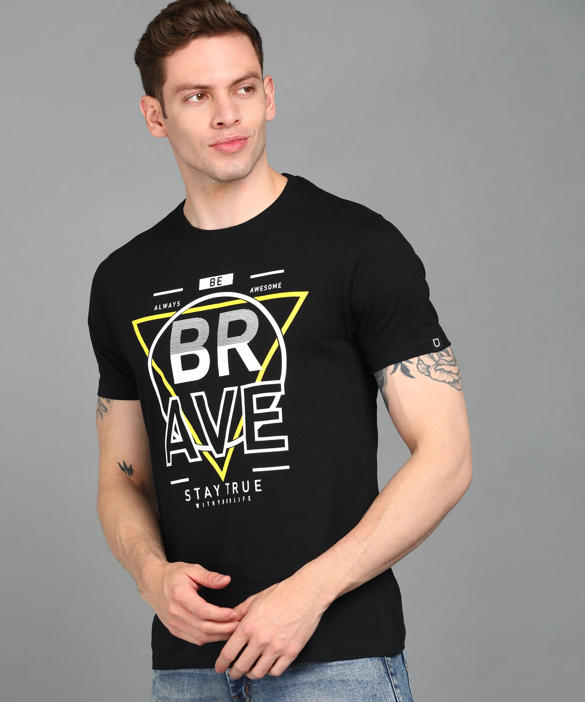 Urbano Fashion Men's Black Graphic Printed Round Neck Half Sleeve Slim Fit Cotton T-Shirt - Image 2