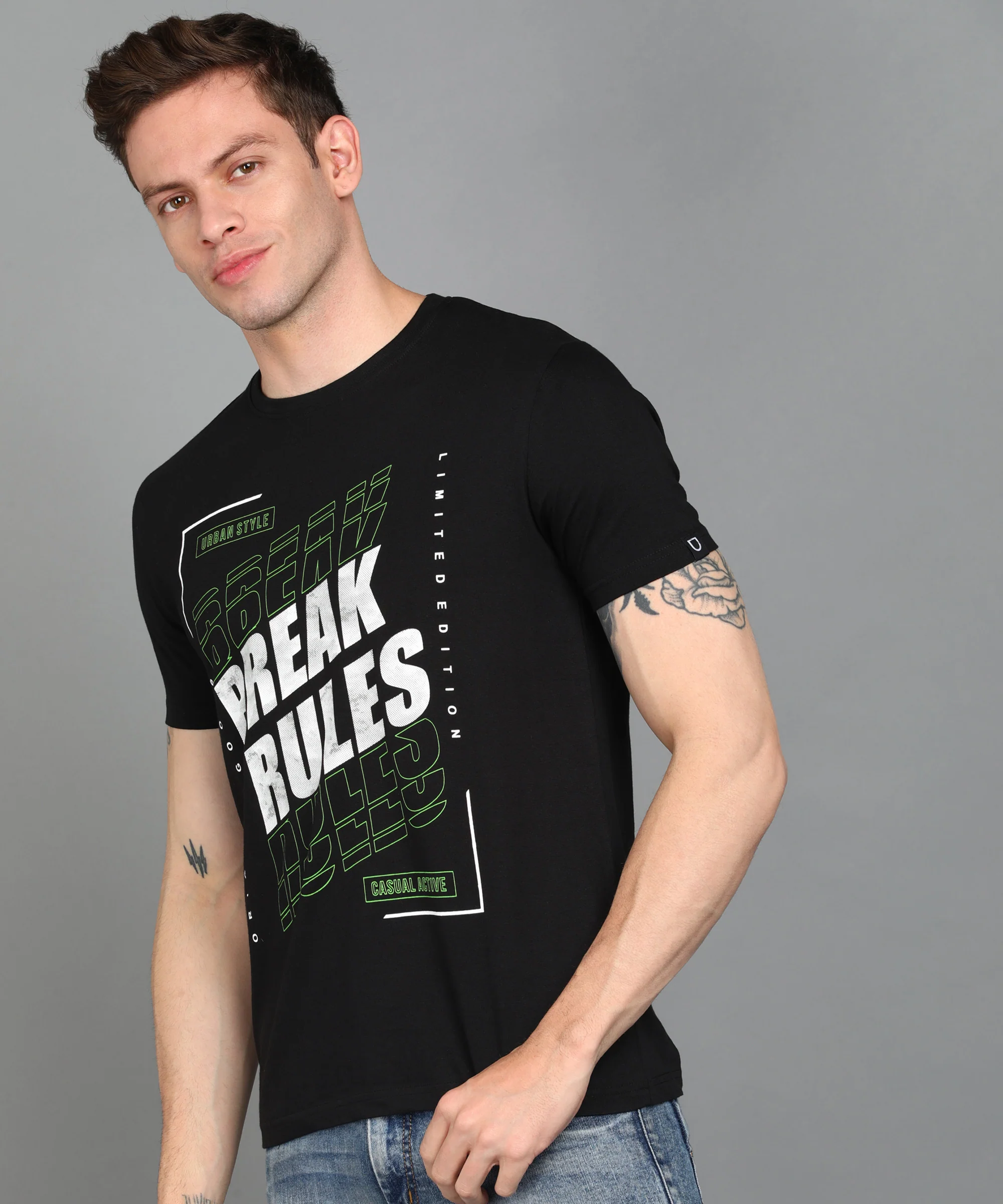 Urbano Fashion Men's Black Graphic Printed Round Neck Half Sleeve Slim Fit Cotton T-Shirt - Image 2