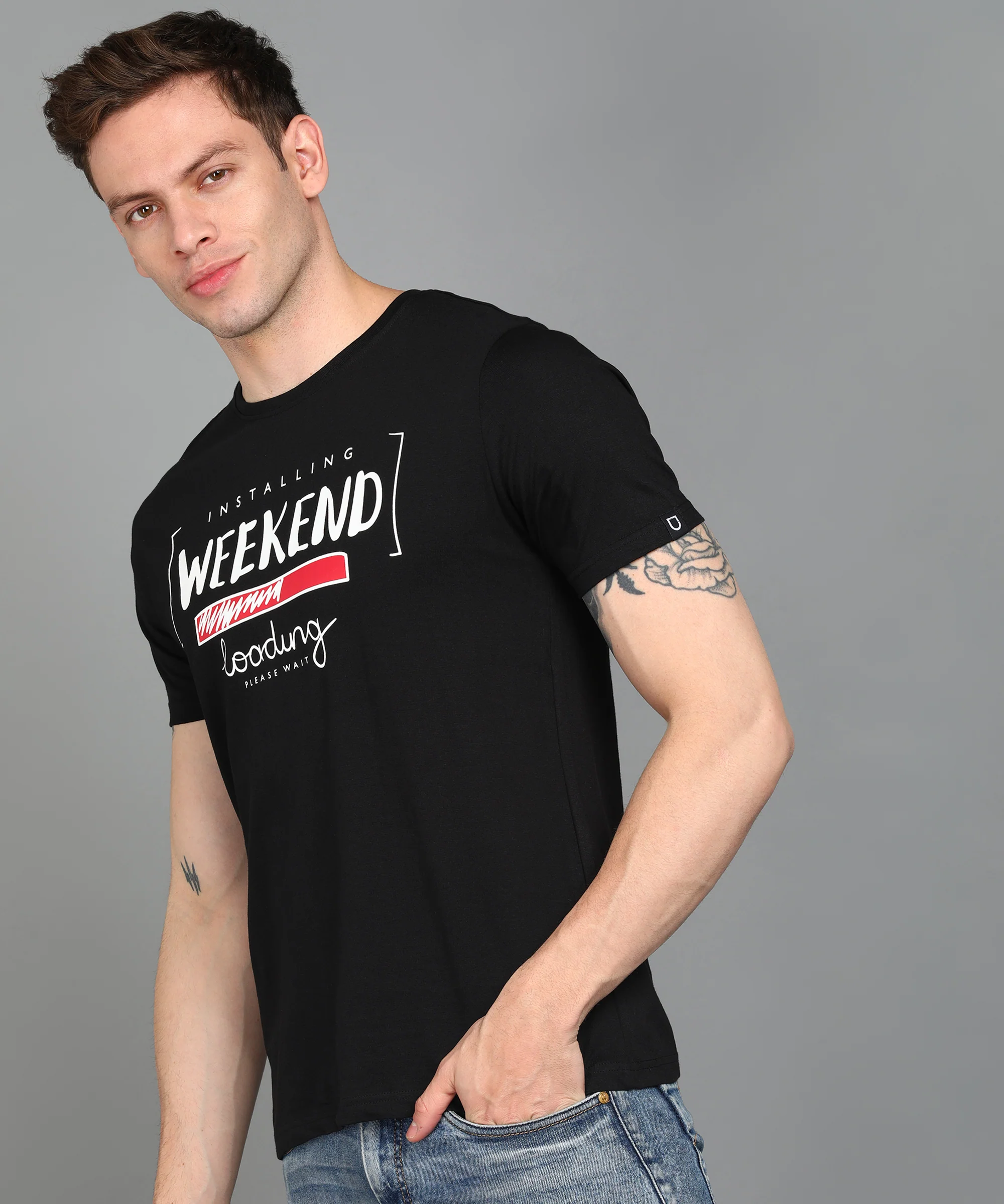 Urbano Fashion Men's Black Graphic Printed Round Neck Half Sleeve Slim Fit Cotton T-Shirt - Image 2
