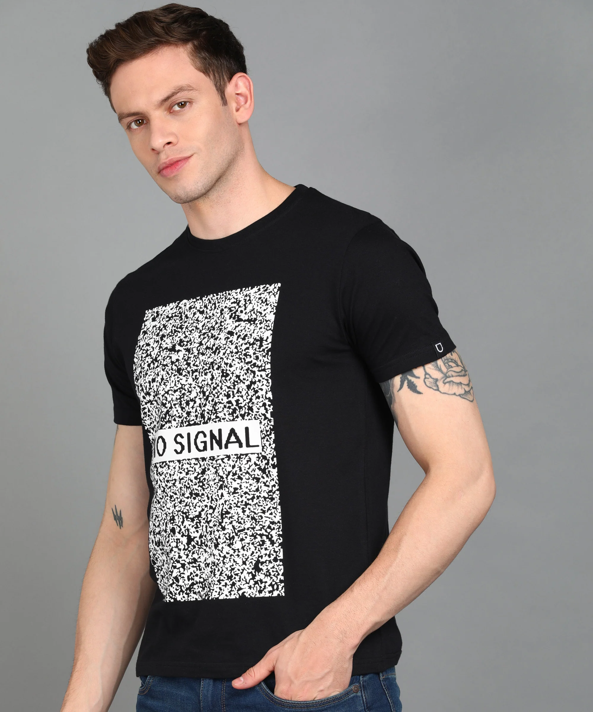 Urbano Fashion Men's Black Graphic Printed Round Neck Half Sleeve Slim Fit Cotton T-Shirt - Image 2