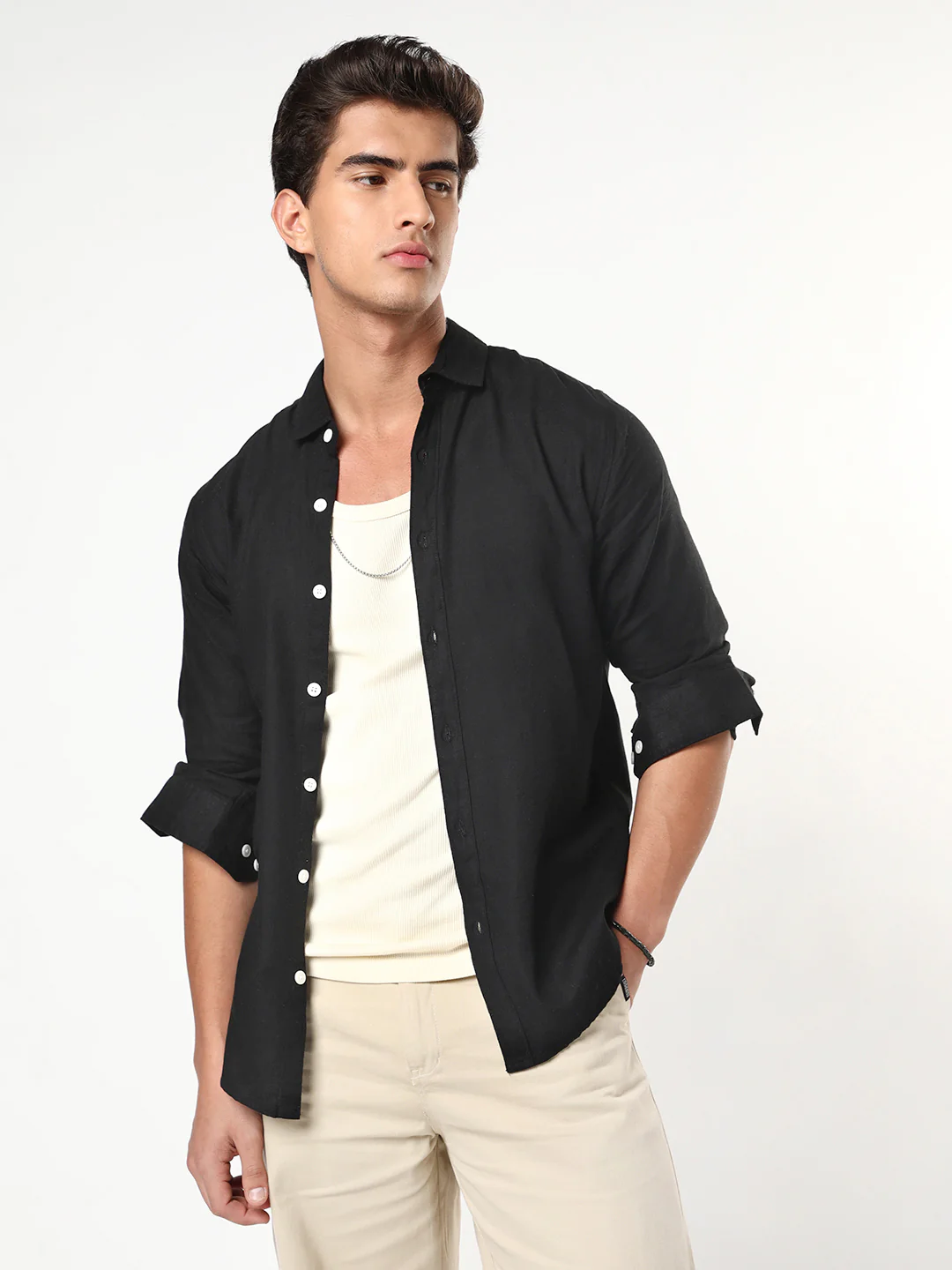 Men's Black Linen Blend Full Sleeve Relaxed Fit Casual Solid Shirt