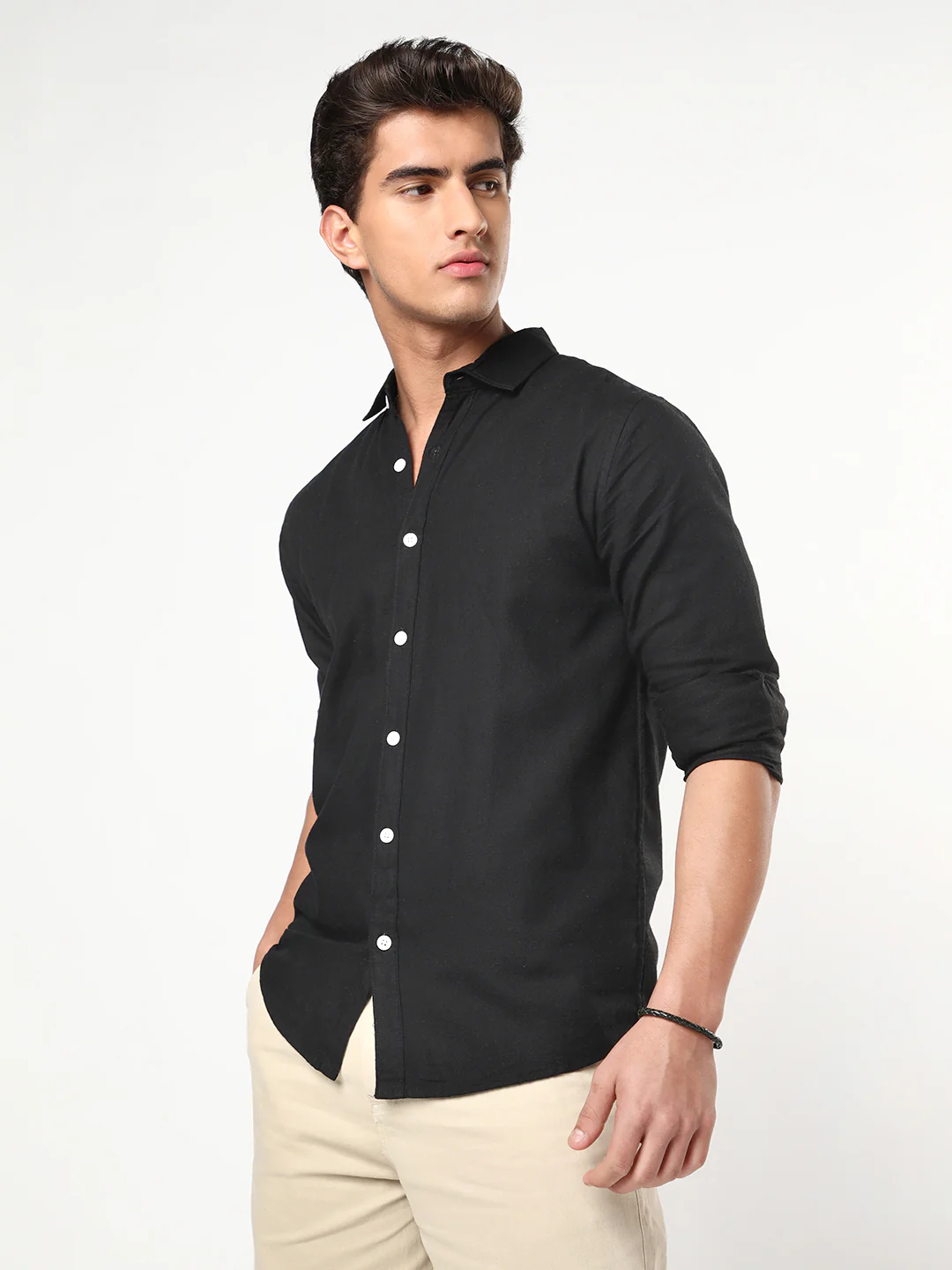 Men's Black Linen Blend Full Sleeve Relaxed Fit Casual Solid Shirt - Image 2