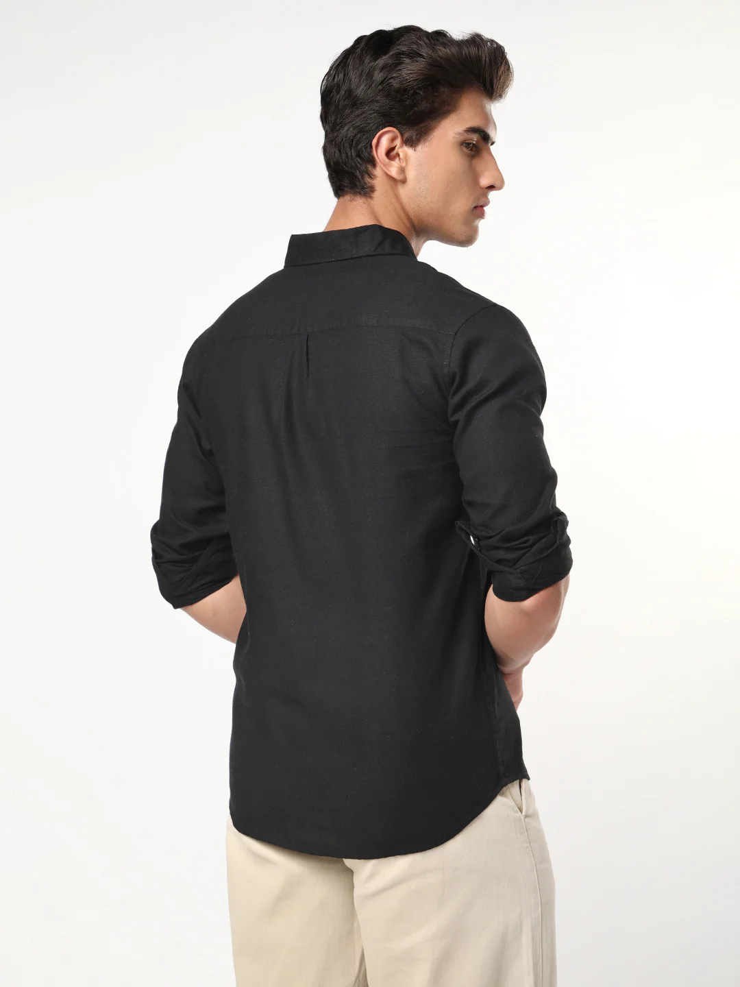 Men's Black Linen Blend Full Sleeve Relaxed Fit Casual Solid Shirt - Image 3