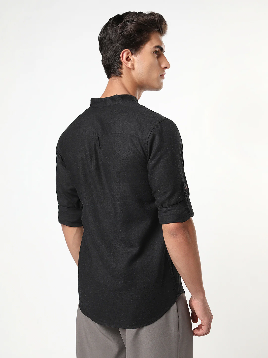 Men's Black Linen Blend Full Sleeve Relaxed Fit Mandarin Collar Casual Solid Shirt - Image 3