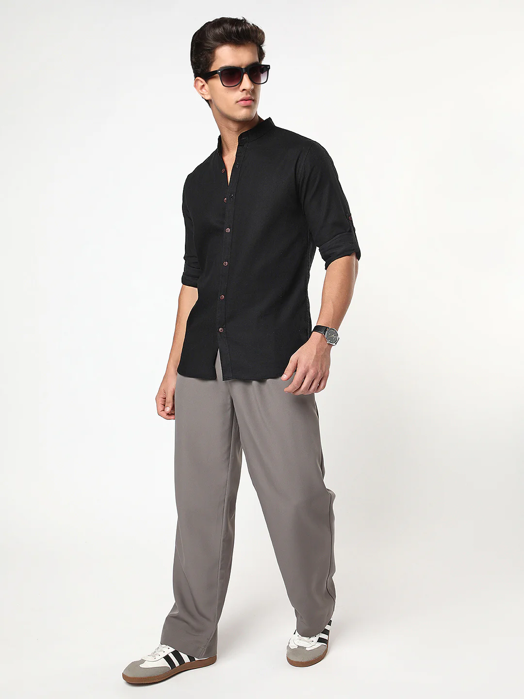 Men's Black Linen Blend Full Sleeve Relaxed Fit Mandarin Collar Casual Solid Shirt - Image 4