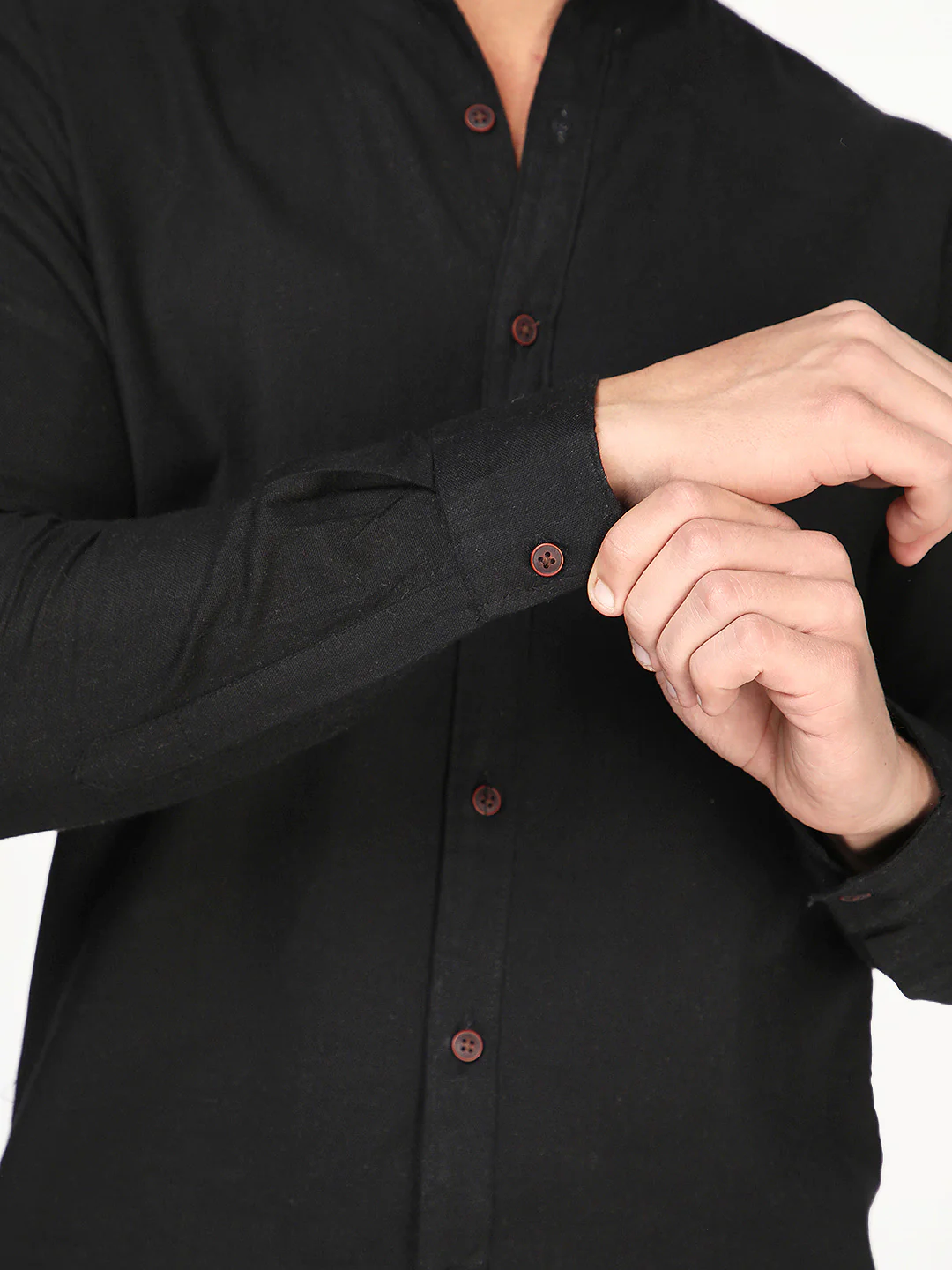 Men's Black Linen Blend Full Sleeve Relaxed Fit Mandarin Collar Casual Solid Shirt - Image 5