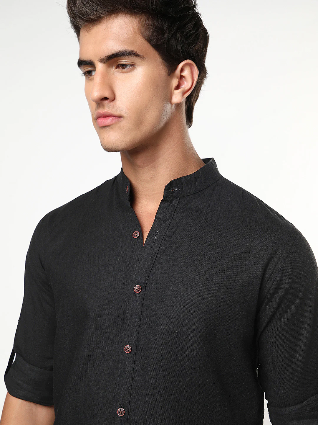 Men's Black Linen Blend Full Sleeve Relaxed Fit Mandarin Collar Casual Solid Shirt - Image 6