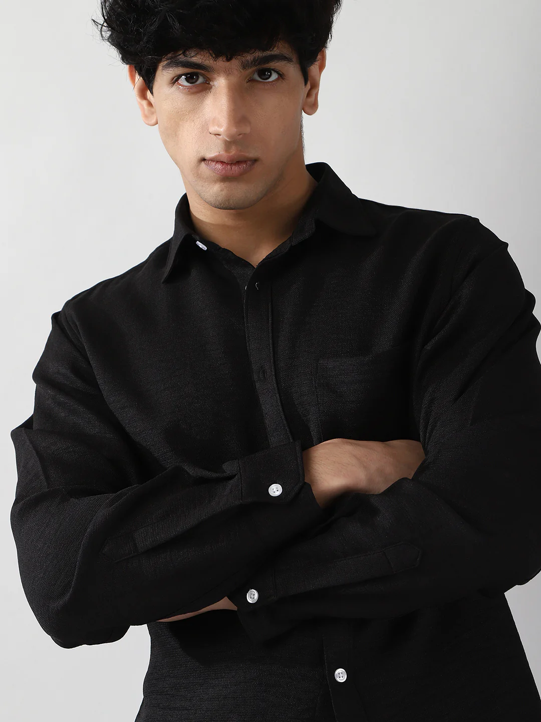 Men's Black Linen Blend Full Sleeve Relaxed Fit Casual Solid Shirt - Image 5