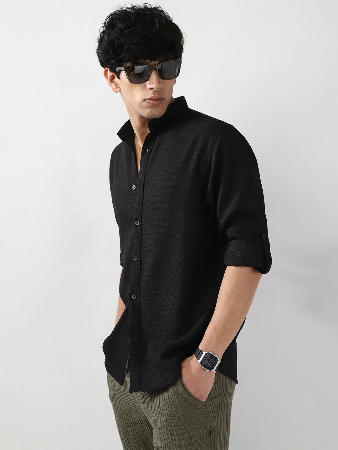 Men's Black Linen Blend Full Sleeve Relaxed Fit Mandarin Collar Casual Solid Shirt - Image 2