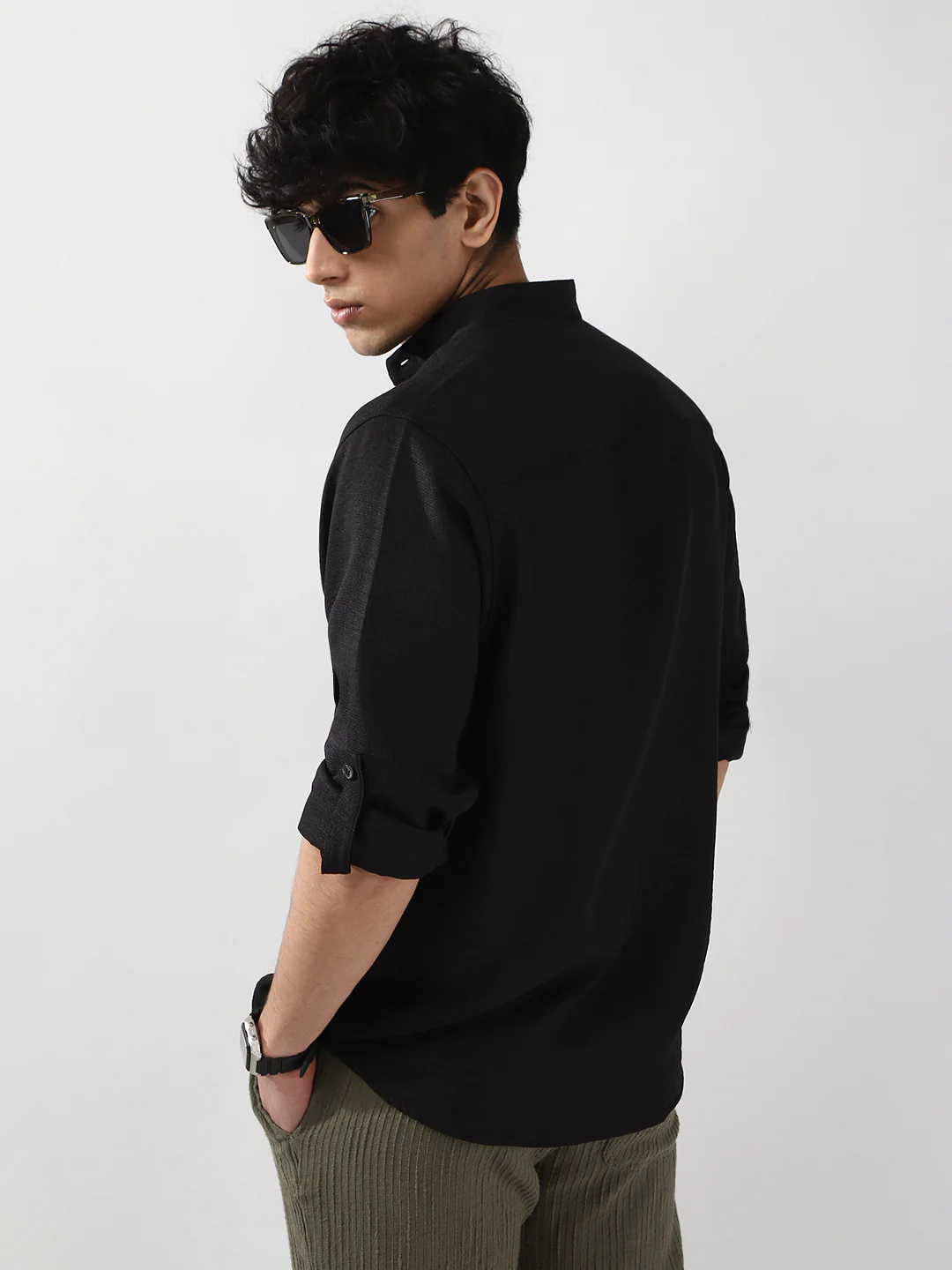 Men's Black Linen Blend Full Sleeve Relaxed Fit Mandarin Collar Casual Solid Shirt - Image 3