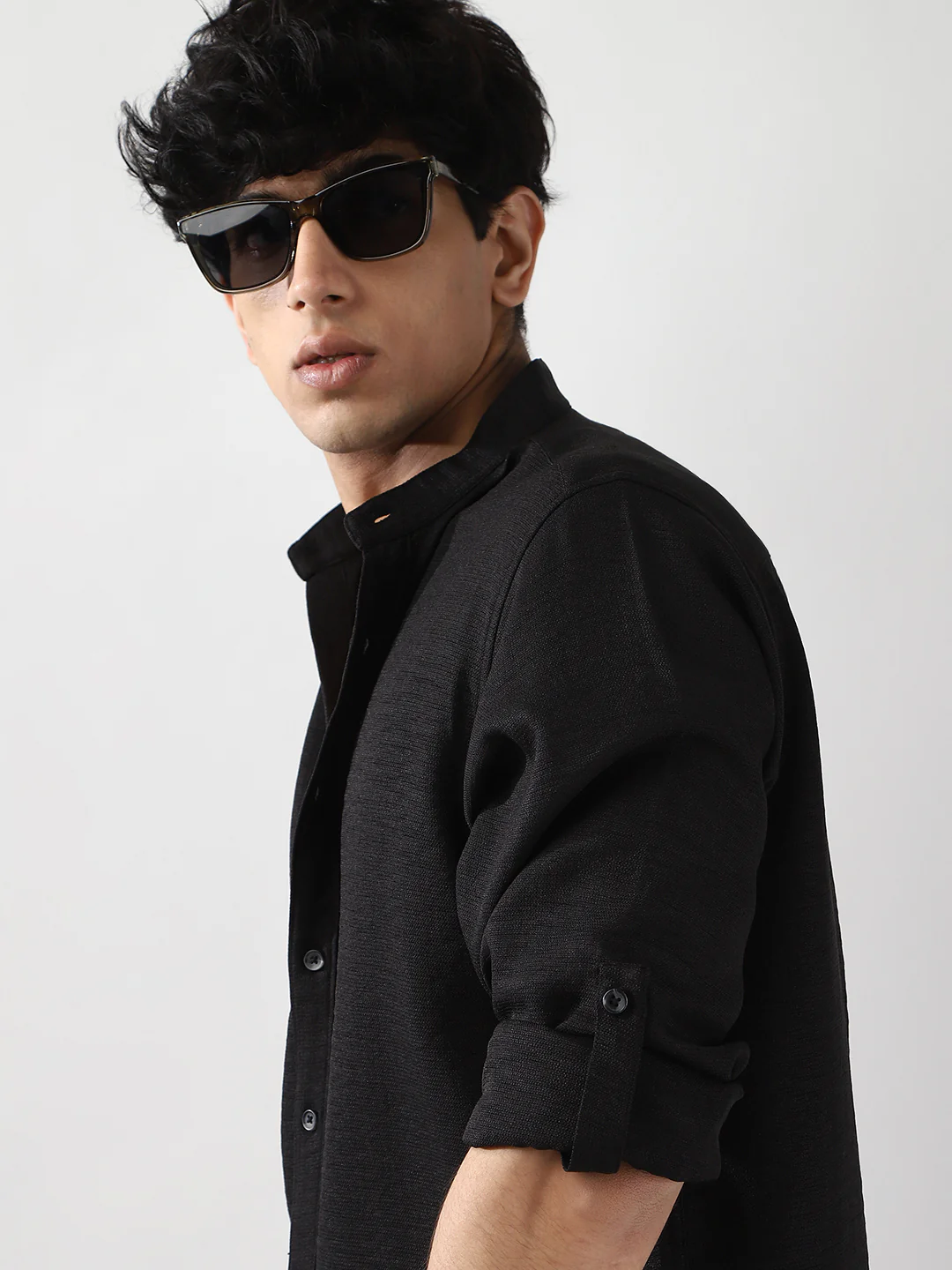 Men's Black Linen Blend Full Sleeve Relaxed Fit Mandarin Collar Casual Solid Shirt - Image 6