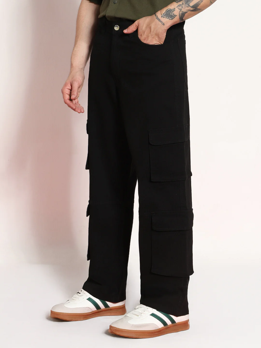 Men's Black Loose Baggy Fit Cargo Chino Pant with 8 Pockets Stretchable - Image 3