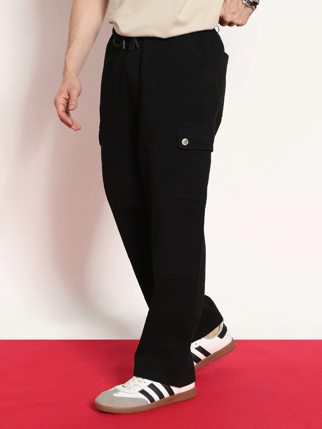 Men's Black Loose Baggy Fit Cargo Jogger Chino Pant with 6 Pockets Stretchable