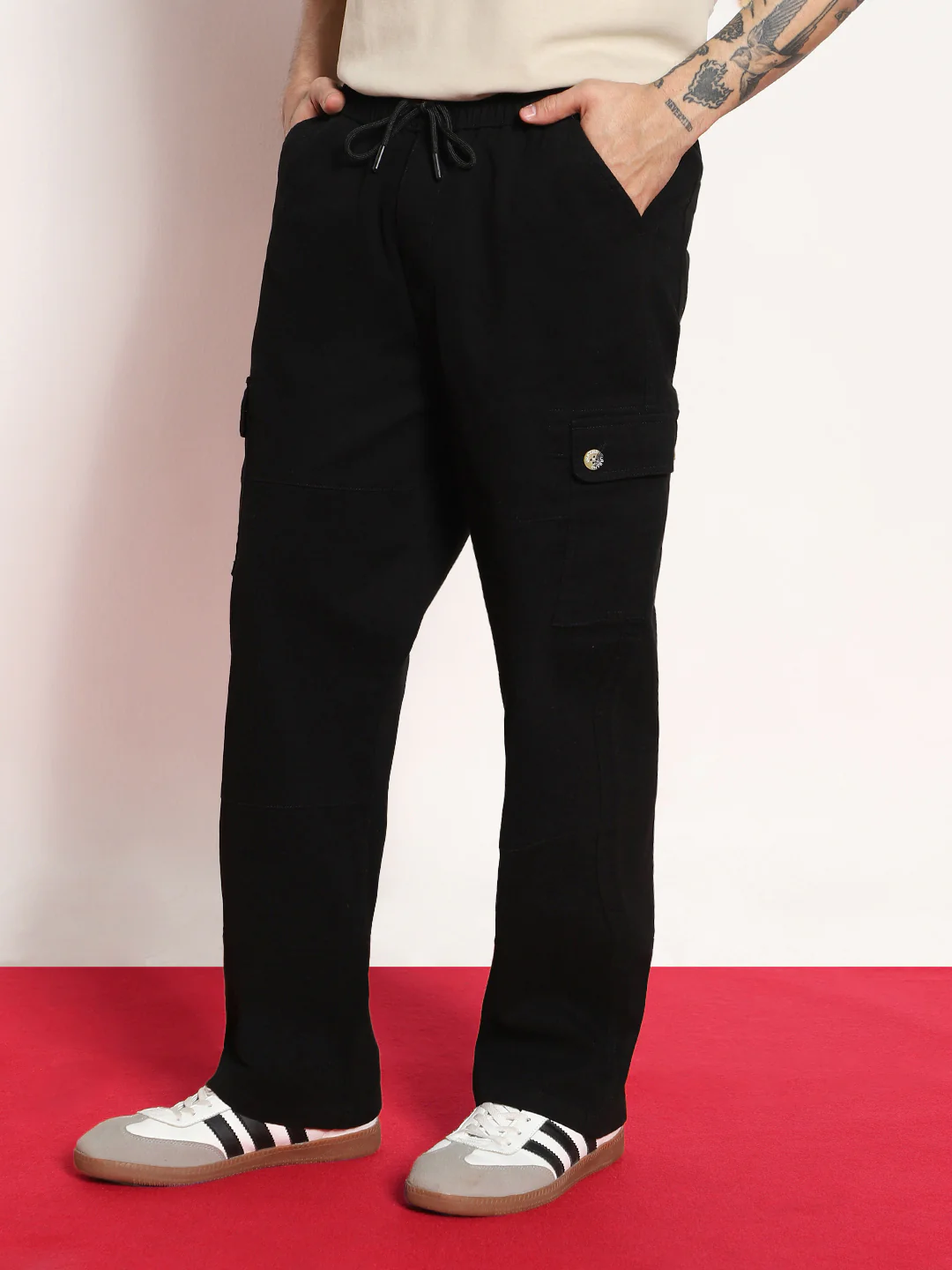 Men's Black Loose Baggy Fit Cargo Jogger Chino Pant with 6 Pockets Stretchable - Image 2