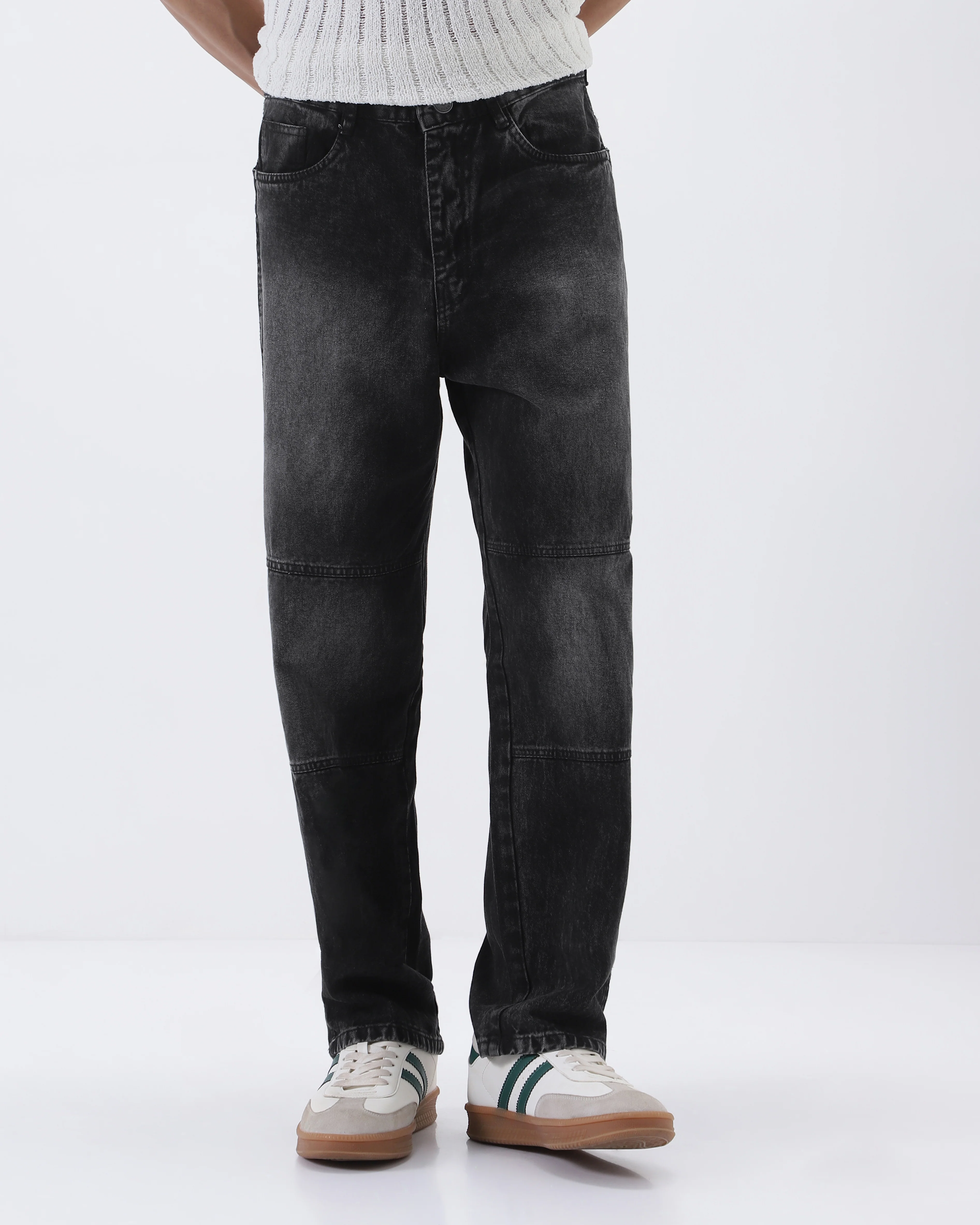 Men's Black Loose Baggy Fit Cut and Sew Panelled Jeans Non-Stretchable - Image 2