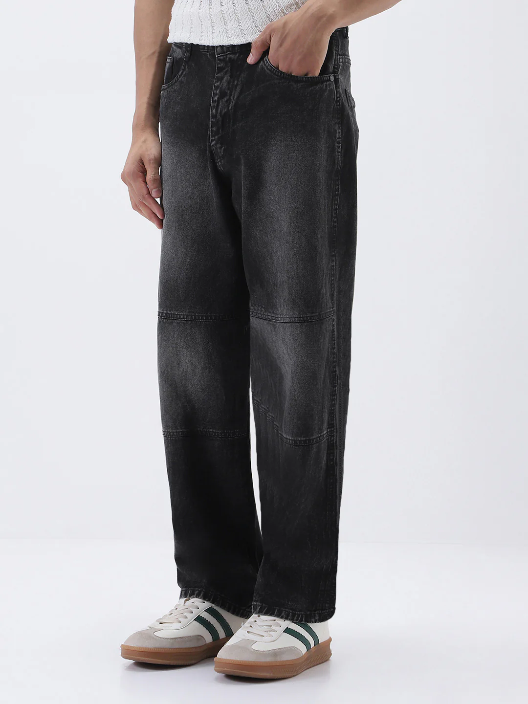 Men's Black Loose Baggy Fit Cut and Sew Panelled Jeans Non-Stretchable - Image 3