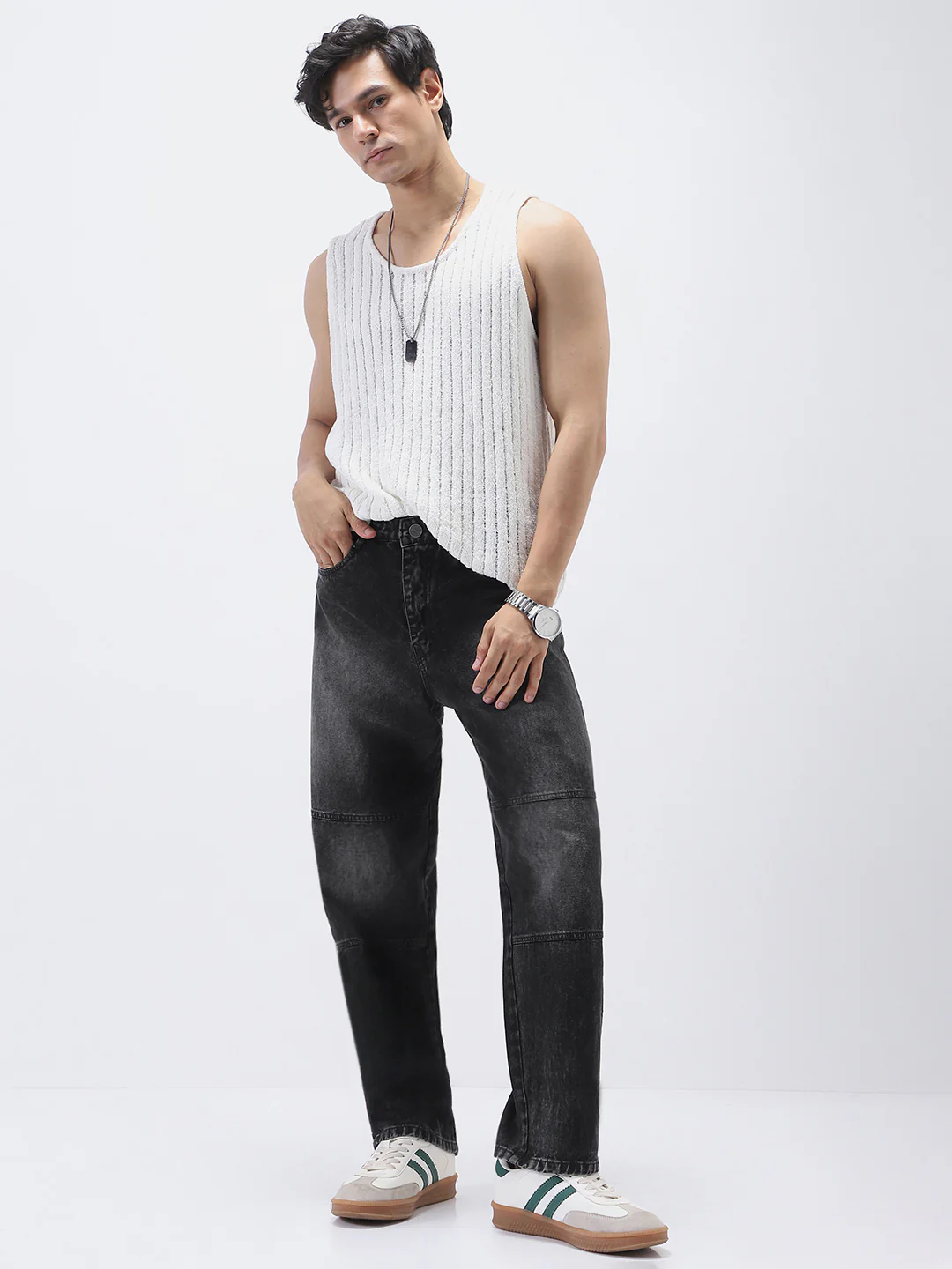 Men's Black Loose Baggy Fit Cut and Sew Panelled Jeans Non-Stretchable - Image 5