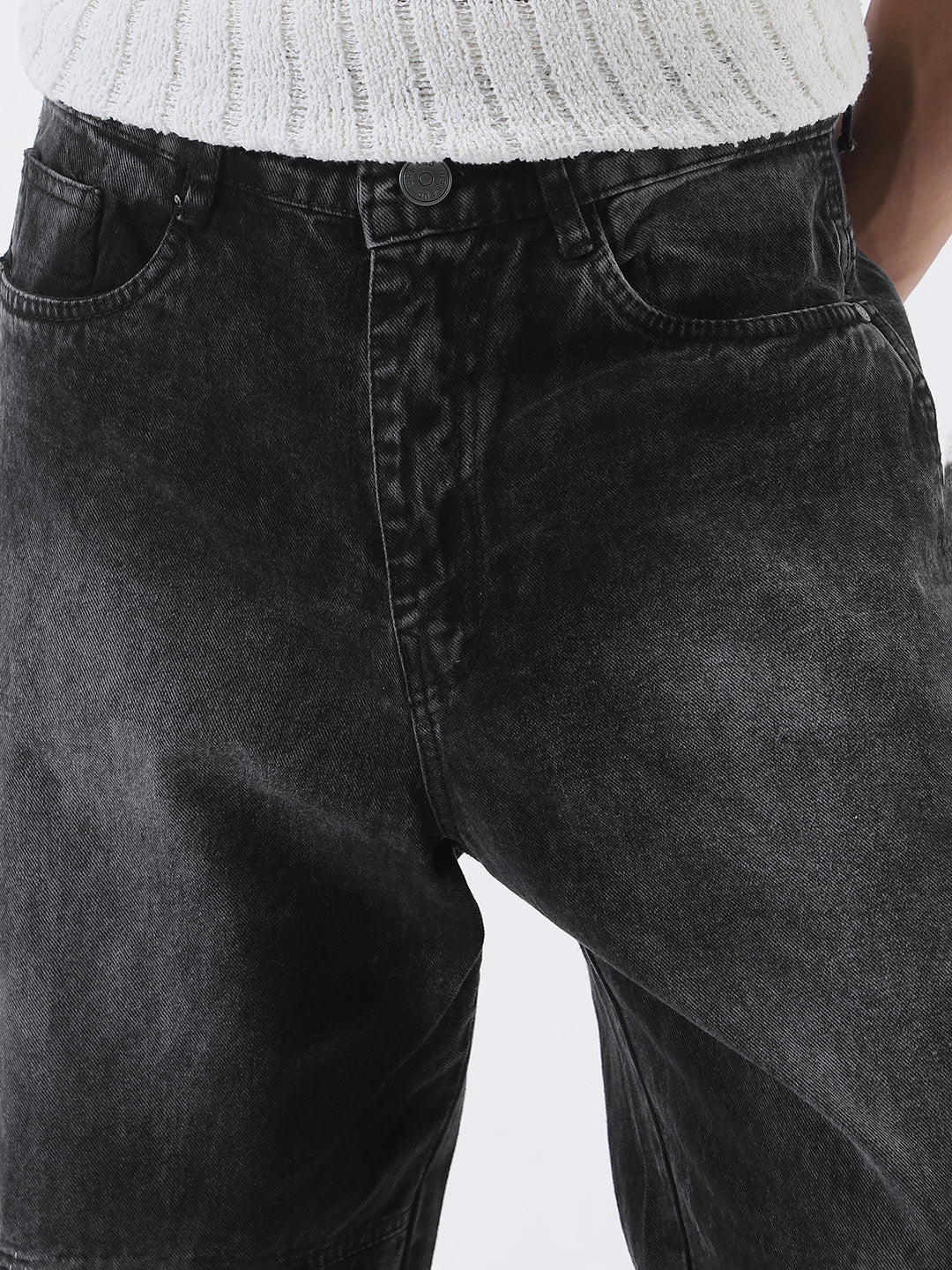 Men's Black Loose Baggy Fit Cut and Sew Panelled Jeans Non-Stretchable - Image 6