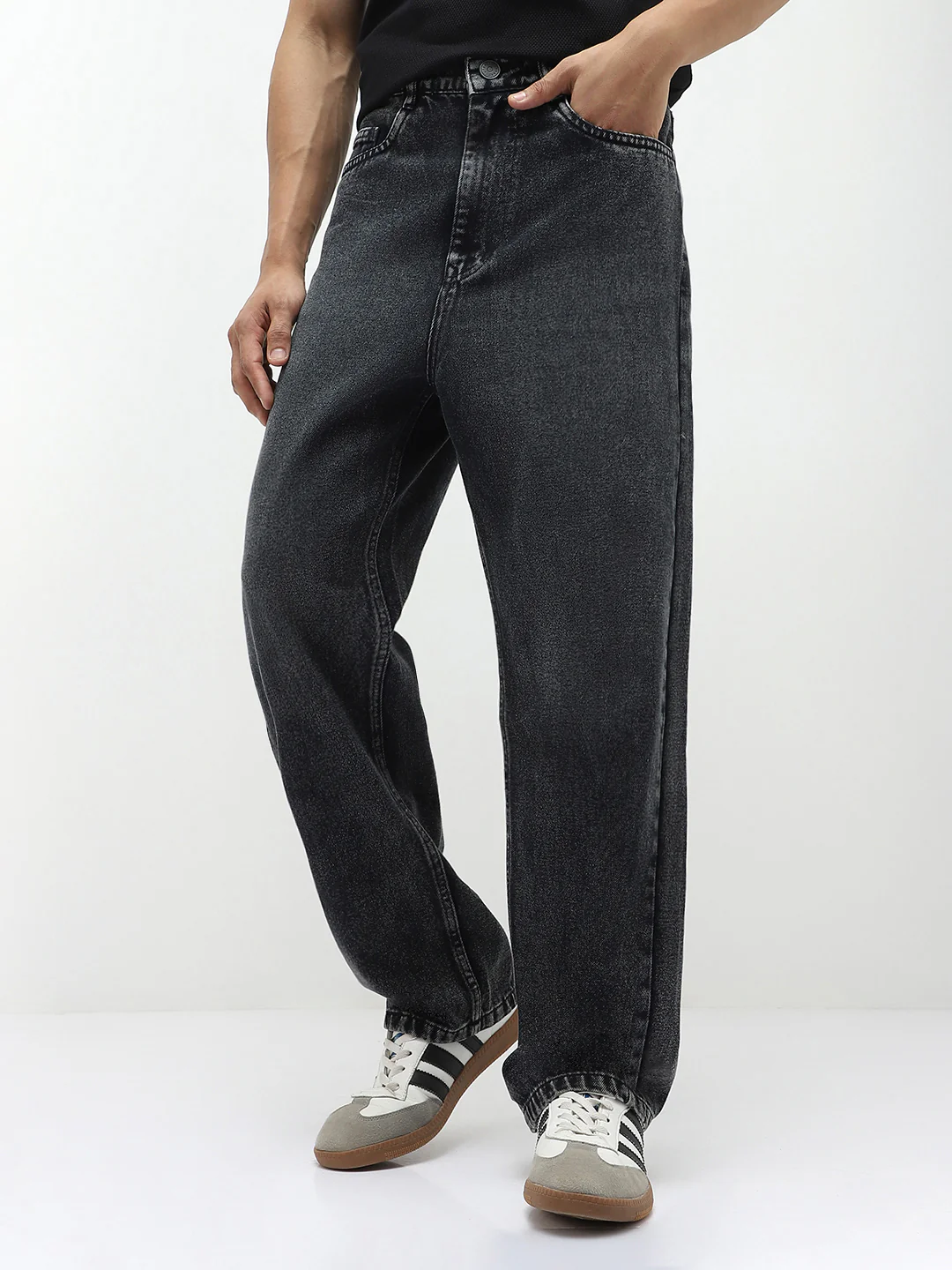 Men's Black Loose Baggy Fit Heavy Washed Jeans Non-Stretchable