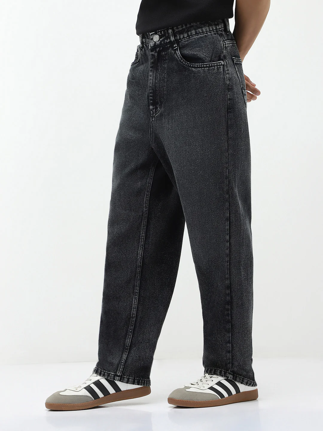 Men's Black Loose Baggy Fit Heavy Washed Jeans Non-Stretchable - Image 2