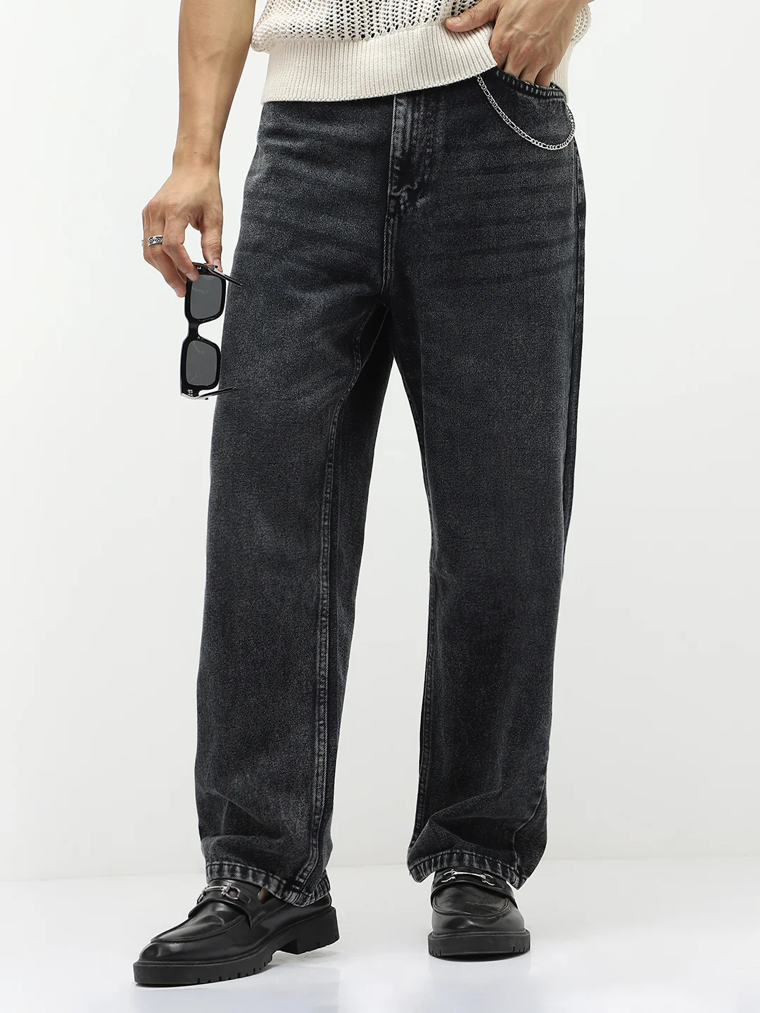 Men's Black Loose Baggy Fit Heavy Washed Jeans Non-Stretchable - Image 2