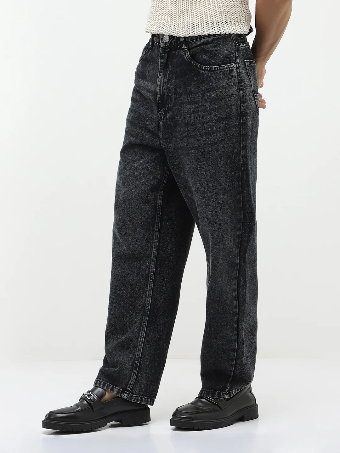Men's Black Loose Baggy Fit Heavy Washed Jeans Non-Stretchable - Image 3