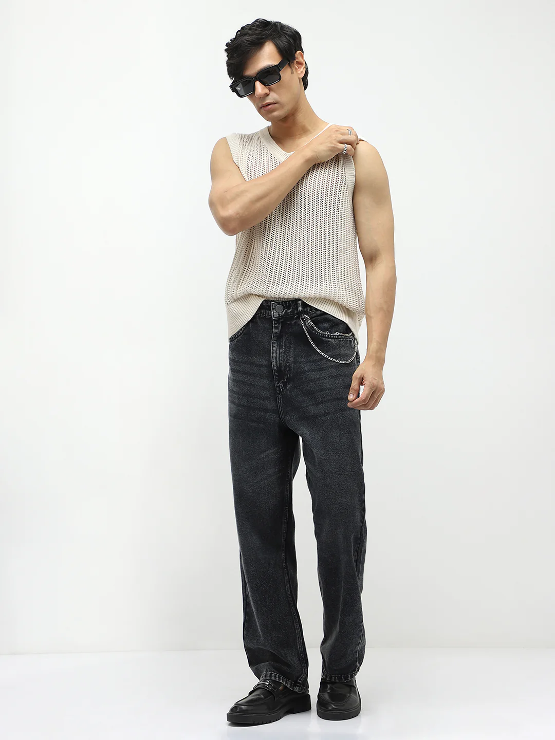 Men's Black Loose Baggy Fit Heavy Washed Jeans Non-Stretchable - Image 5