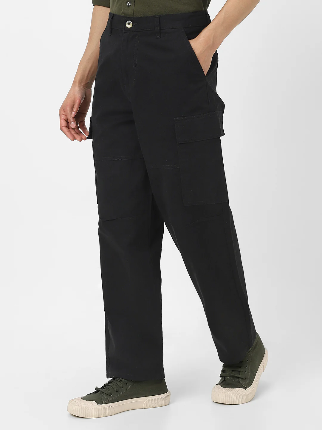 Men's Black Loose Baggy Fit Solid Cargo Chino Pant with 6 Pockets Non-Stretchable - Image 2