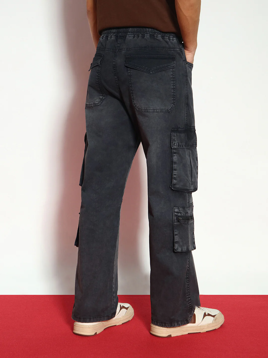Men's Black Loose Baggy Fit Travel Cargo Jeans With 8 Pockets Stretchable - Image 3