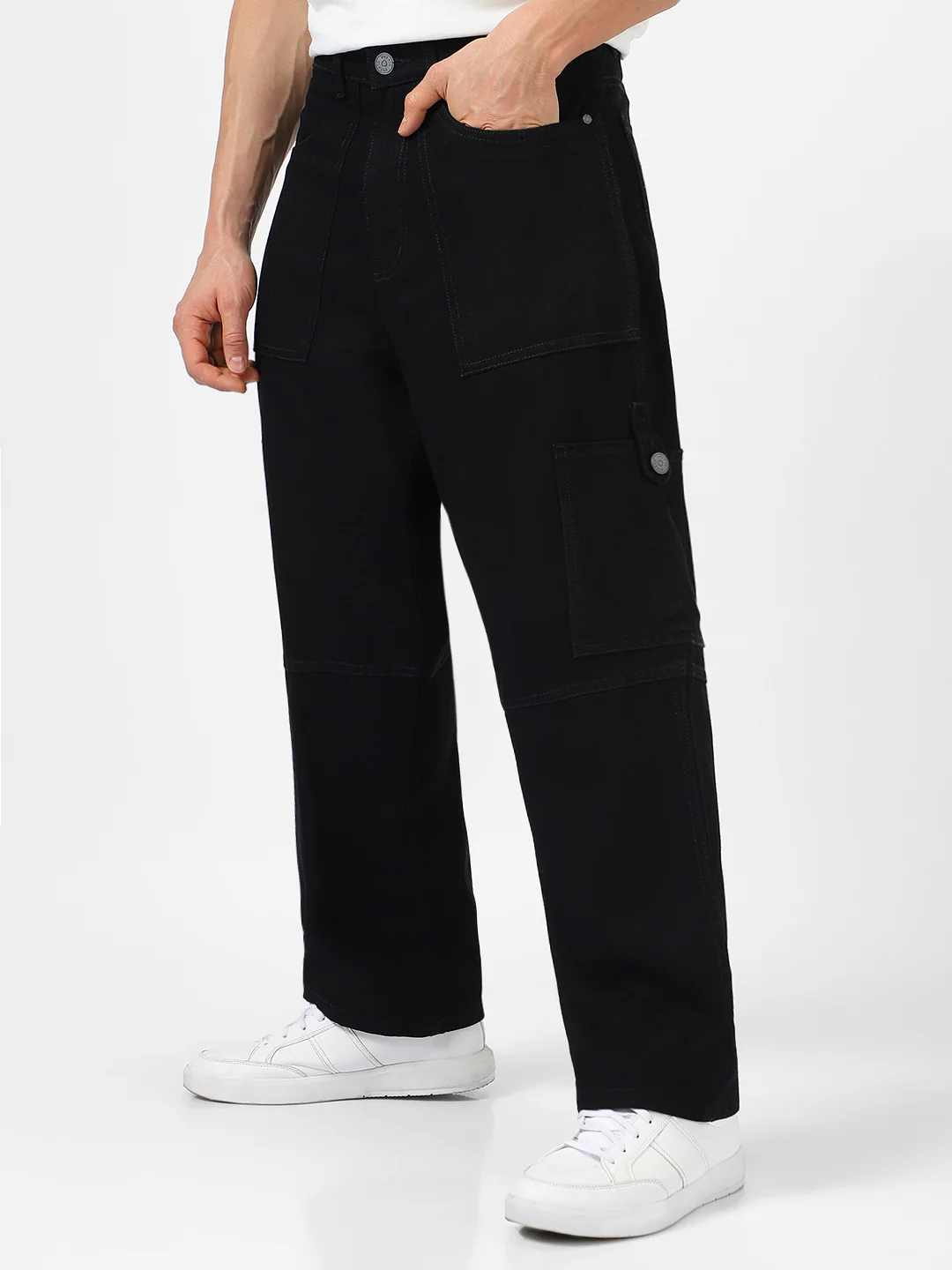 Men's Black Loose Baggy Fit Washed Cargo Jeans with 6 Pockets Non-Stretchable - Image 2