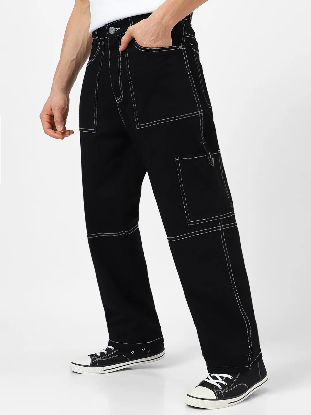 Men's Black Loose Baggy Fit Washed Cargo Jeans with 6 Pockets Non-Stretchable - Image 2