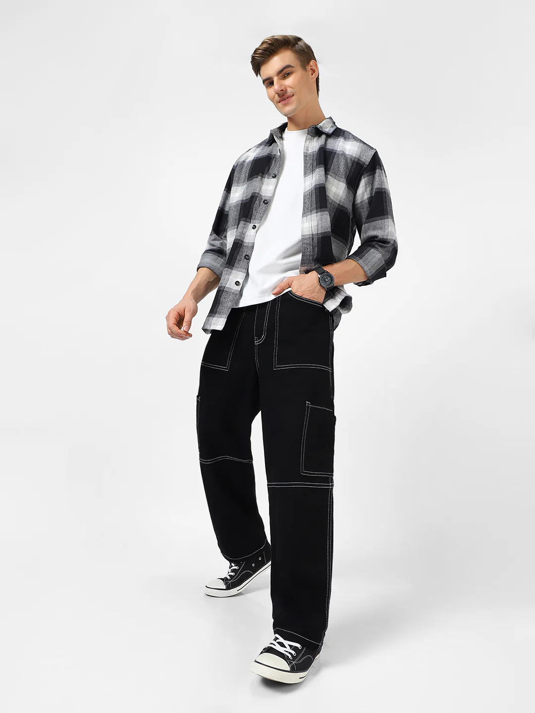 Men's Black Loose Baggy Fit Washed Cargo Jeans with 6 Pockets Non-Stretchable - Image 4