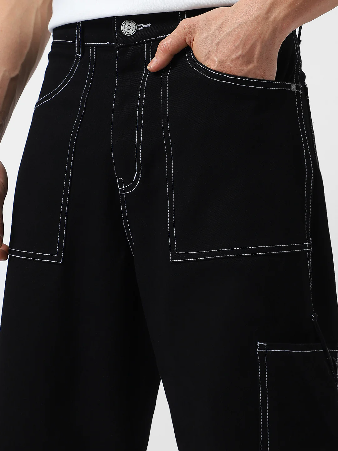 Men's Black Loose Baggy Fit Washed Cargo Jeans with 6 Pockets Non-Stretchable - Image 5