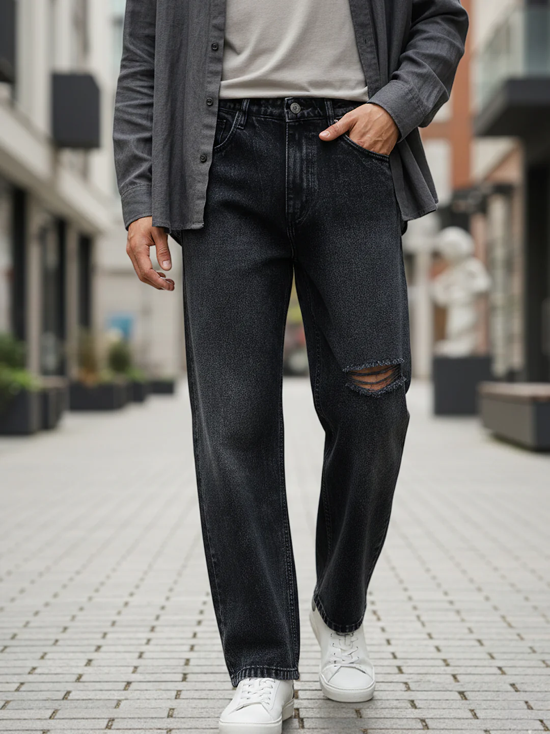 Men's Black Loose Baggy Fit Washed Distressed/Torn Jeans Non-Stretchable