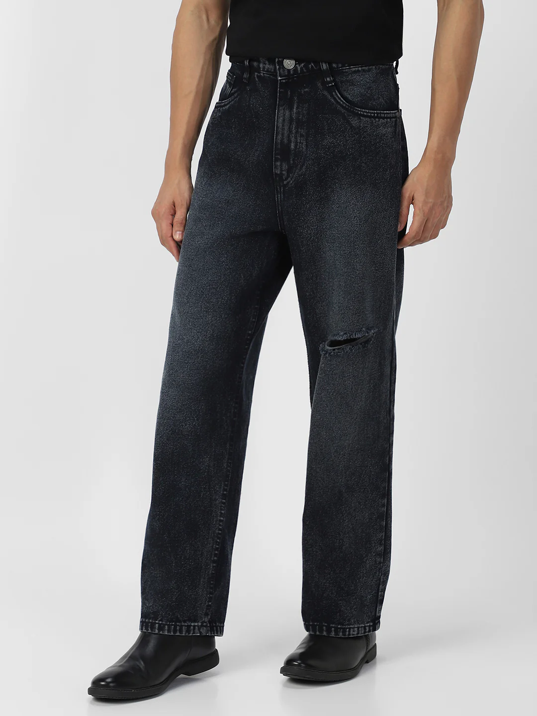 Men's Black Loose Baggy Fit Washed Distressed/Torn Jeans Non-Stretchable - Image 2