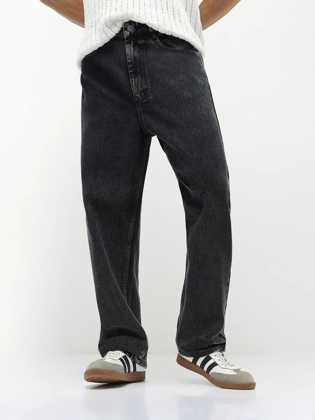 Men's Black Loose Baggy Fit Washed Jeans Non-Stretchable