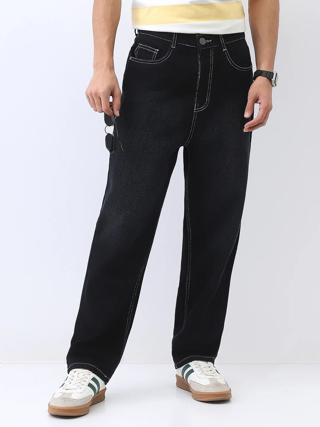 Men's Black Loose Baggy Fit Washed Jeans Non-Stretchable - Image 2