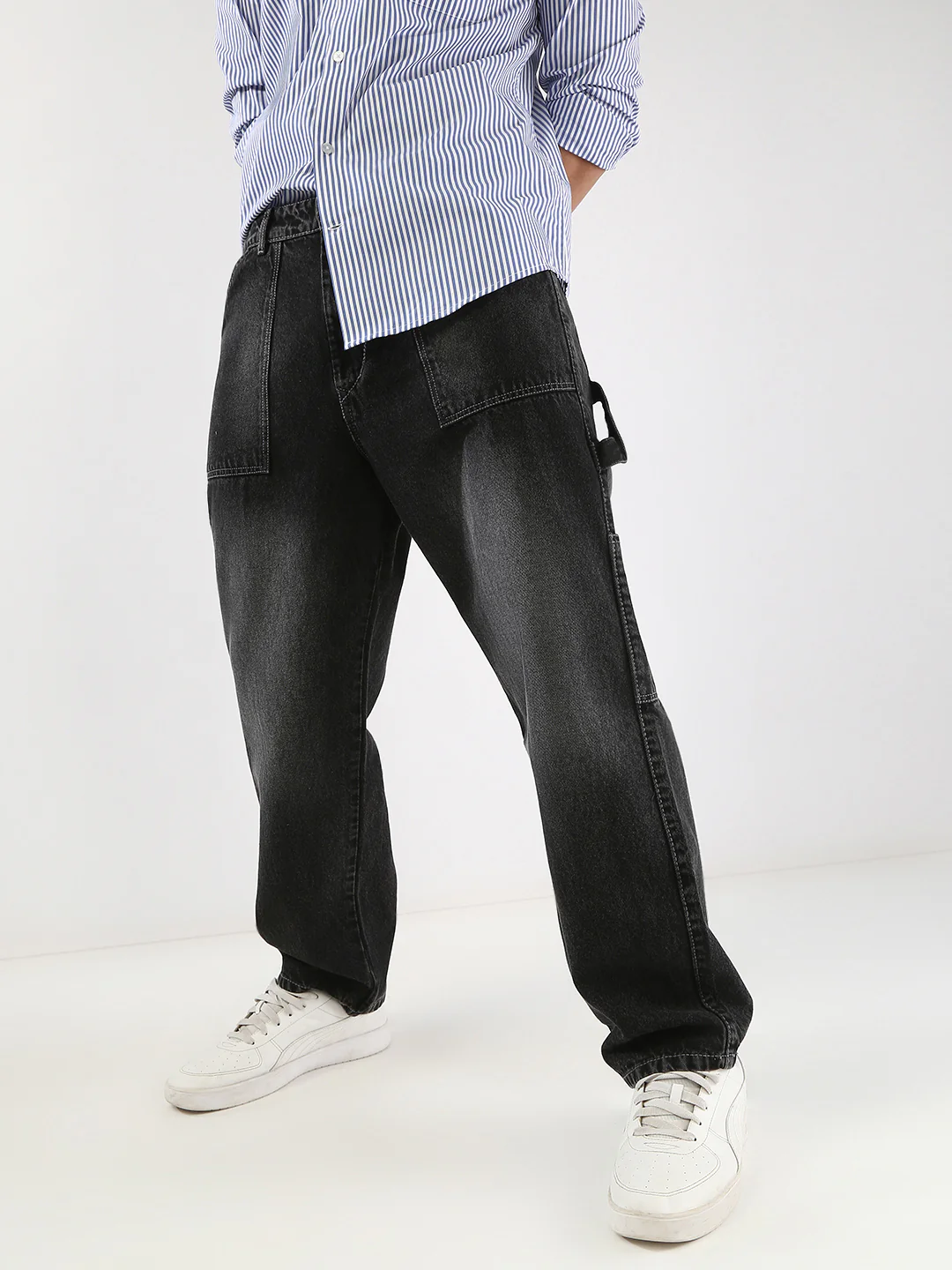 Men's Black Loose Fit Cargo Carpenter Jeans With 6 Pockets Non-Stretchable - Image 2