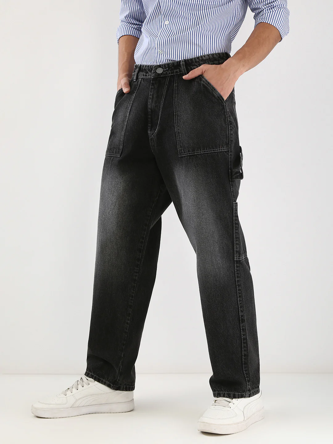 Men's Black Loose Fit Cargo Carpenter Jeans With 6 Pockets Non-Stretchable - Image 3