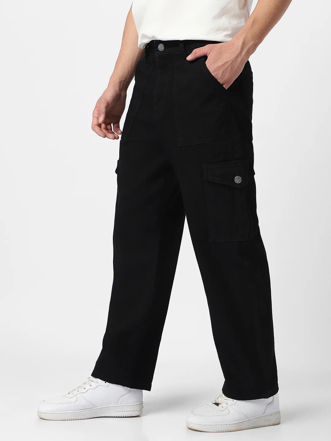 Men's Black Loose Fit Cargo Jeans with 6 Pockets Non-Stretchable - Image 3