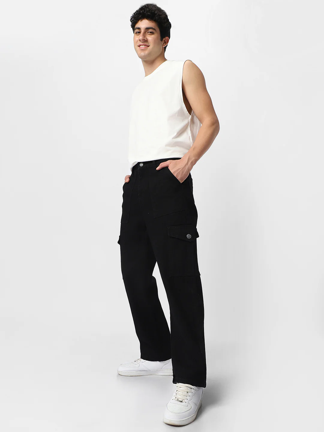 Men's Black Loose Fit Cargo Jeans with 6 Pockets Non-Stretchable - Image 5