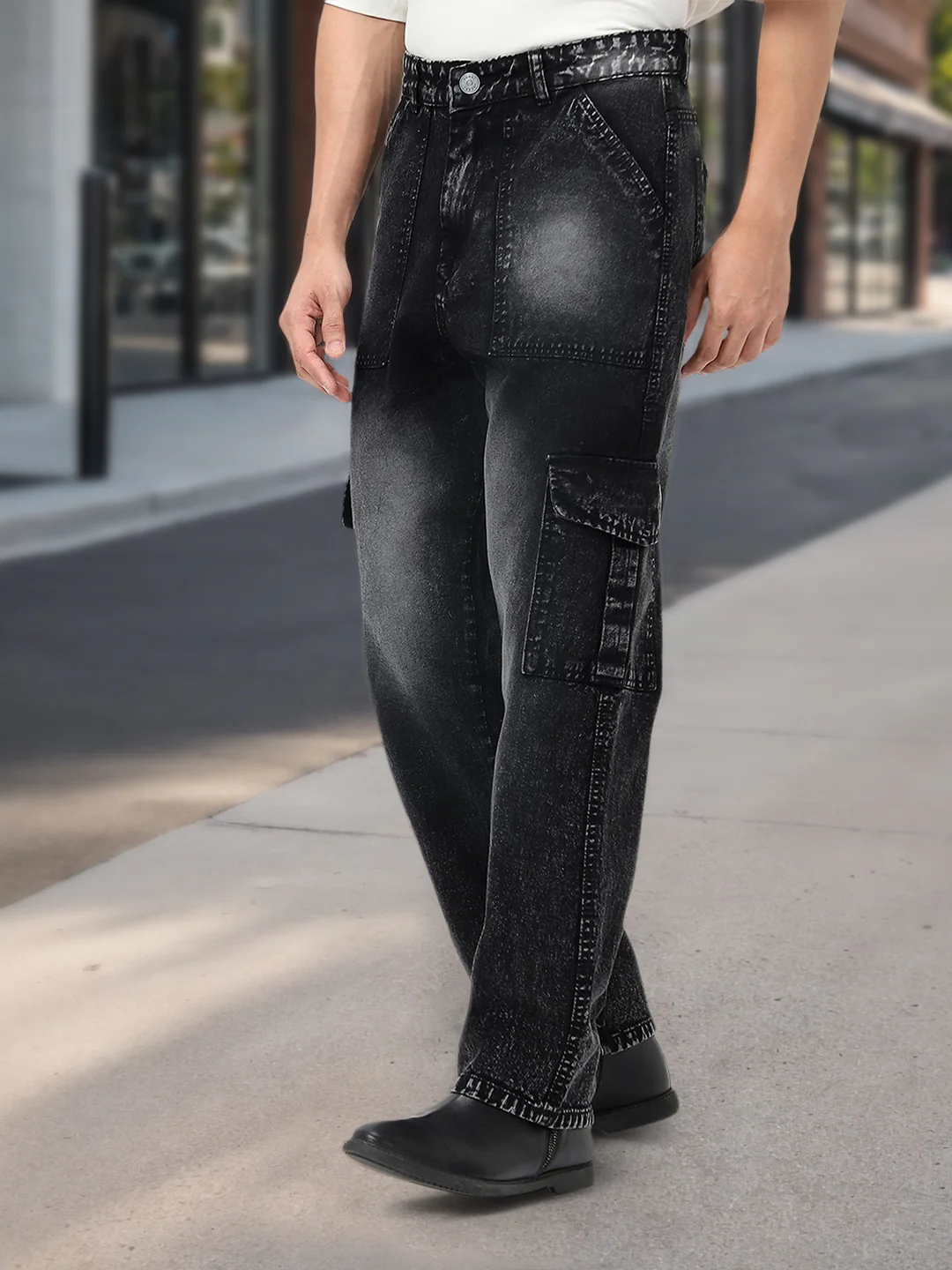 Men's Black Loose Baggy Fit Washed Cargo Jeans with 6 Pockets Non-Stretchable